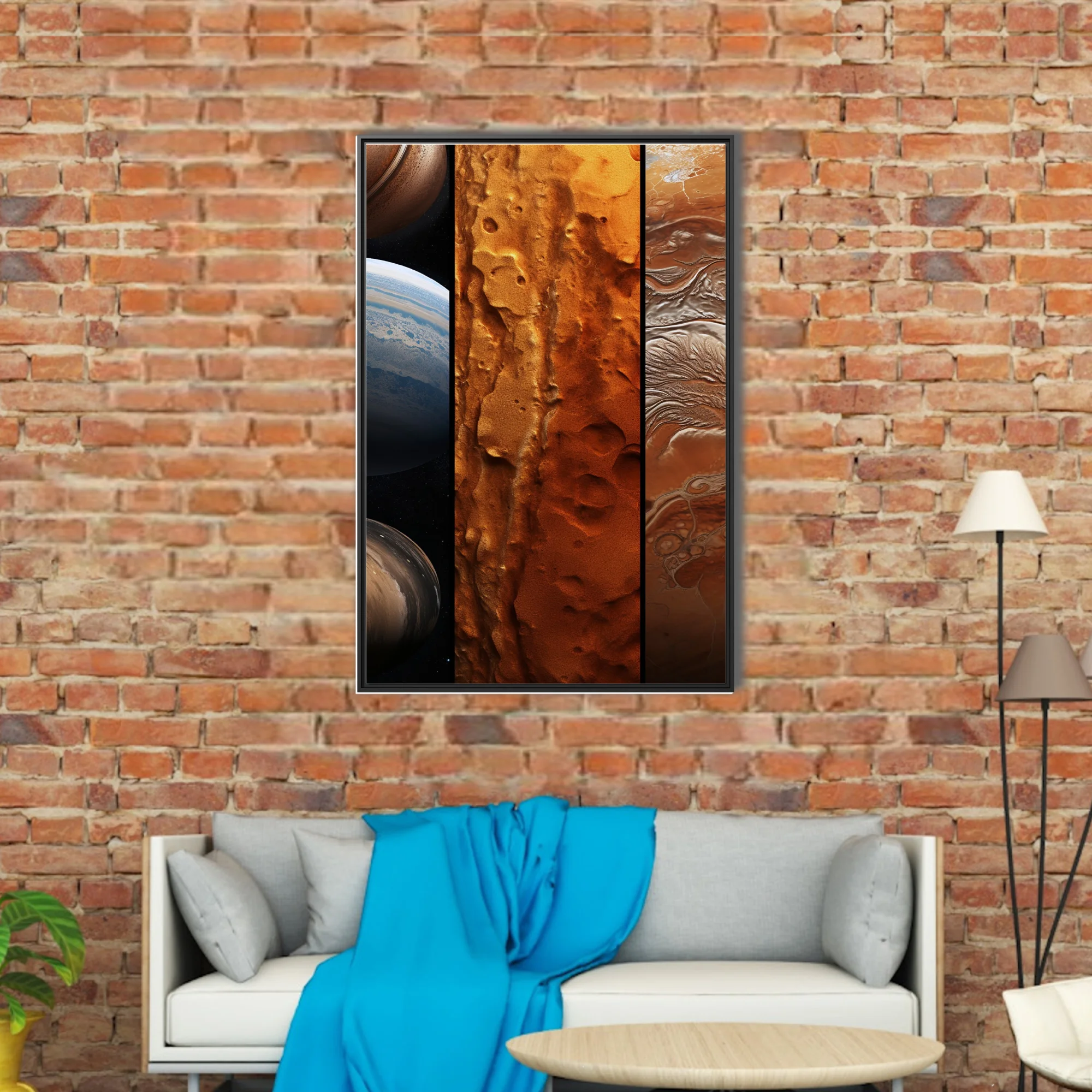 Sci-fi planetary triptych in amber, rust, and deep brown tones