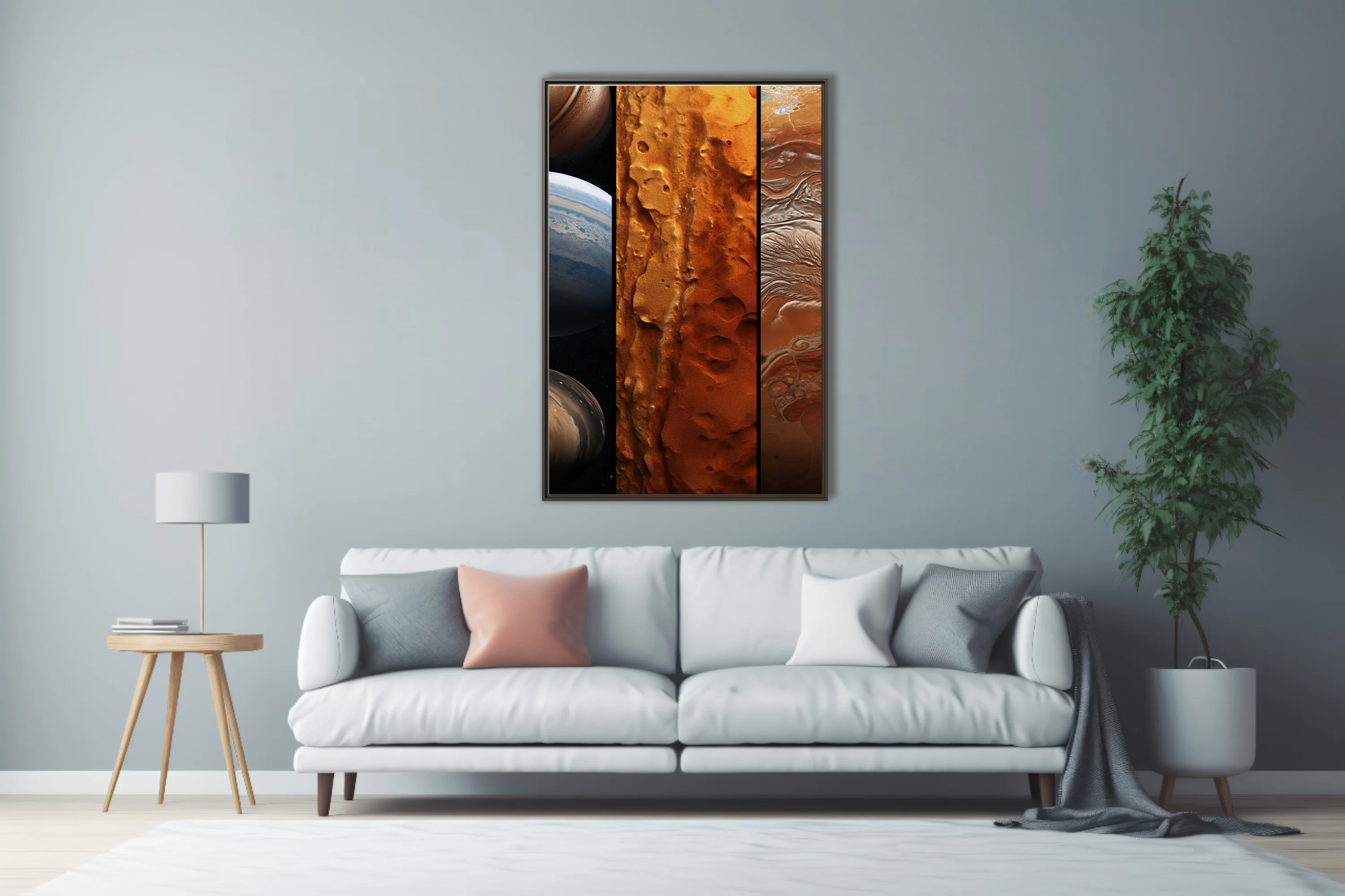 Sci-fi planetary triptych in amber, rust, and deep brown tones