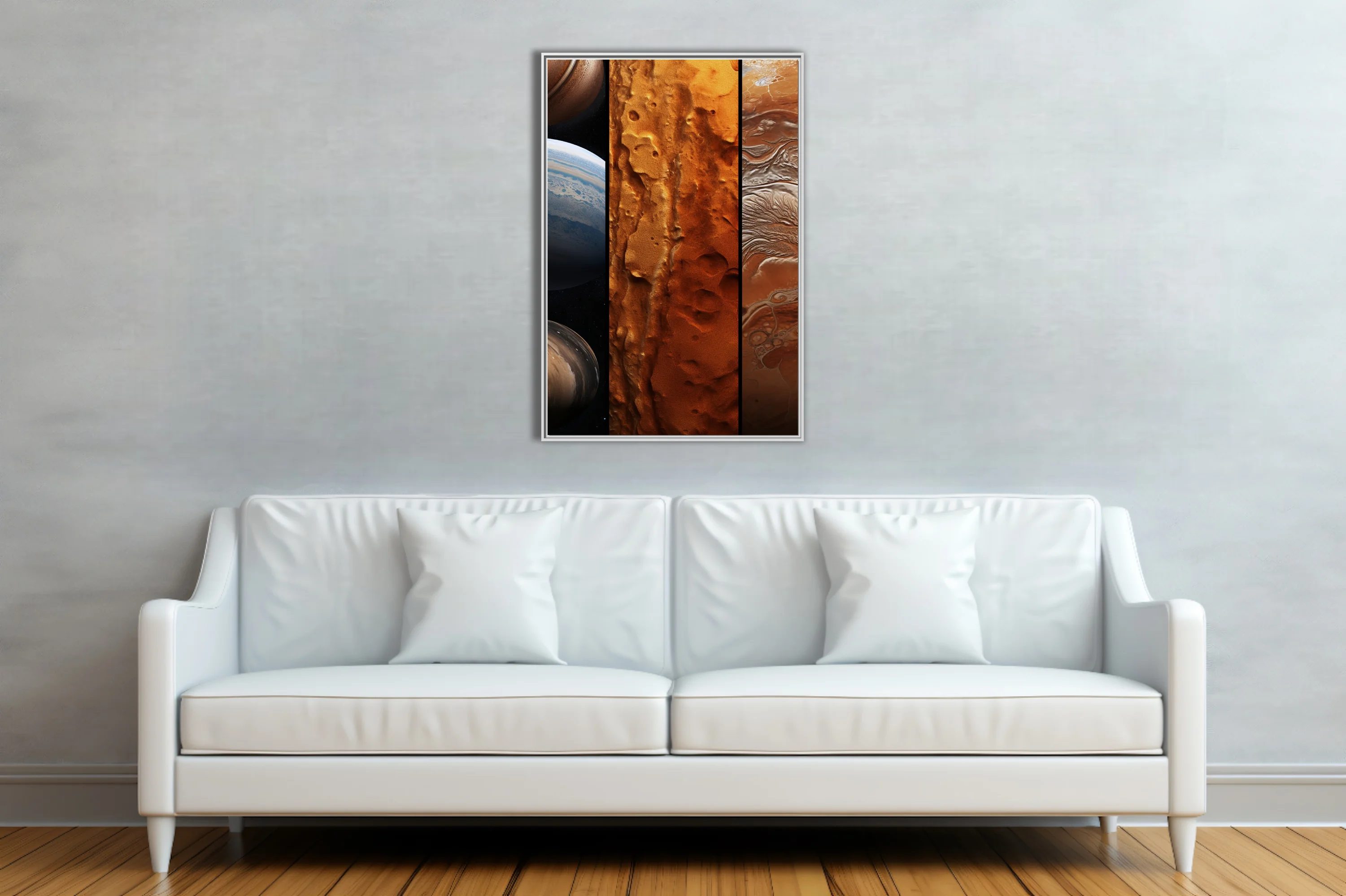 Sci-fi planetary triptych in amber, rust, and deep brown tones