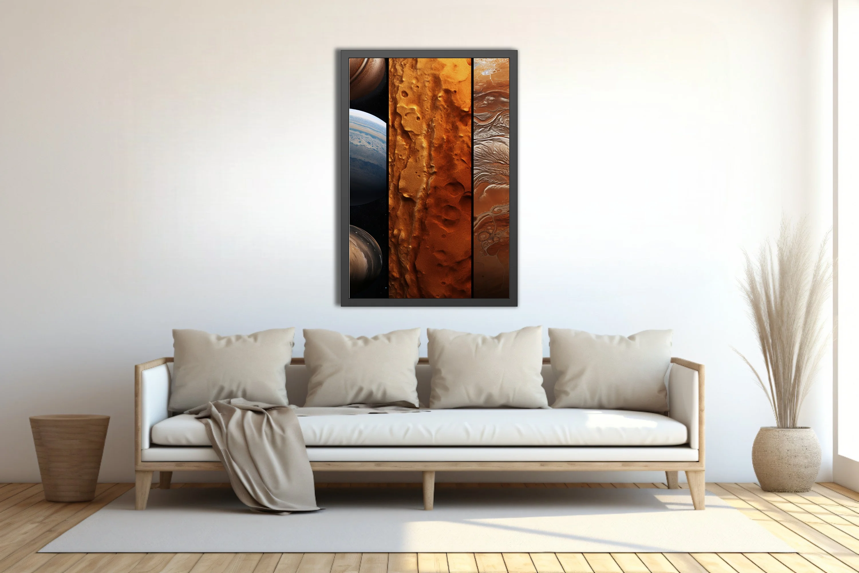 Sci-fi planetary triptych in amber, rust, and deep brown tones