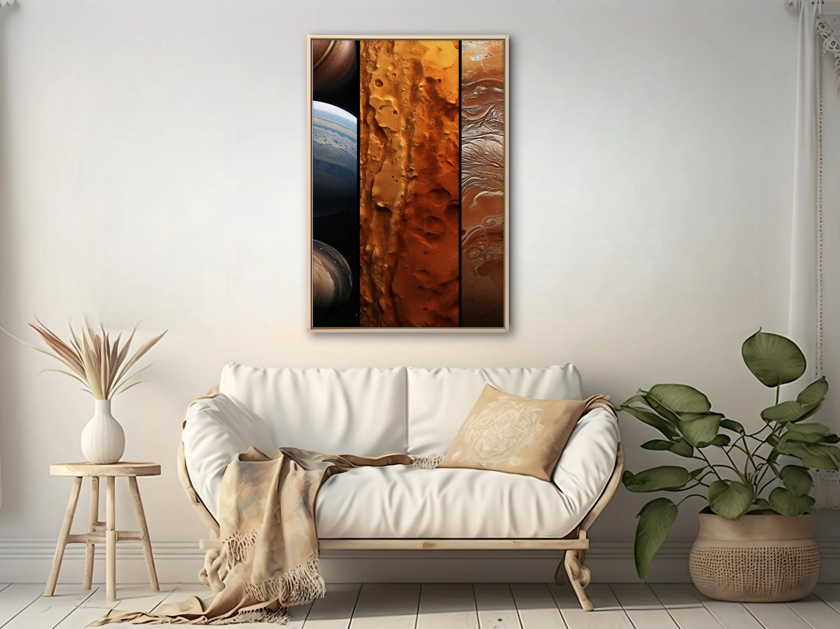 Sci-fi planetary triptych in amber, rust, and deep brown tones