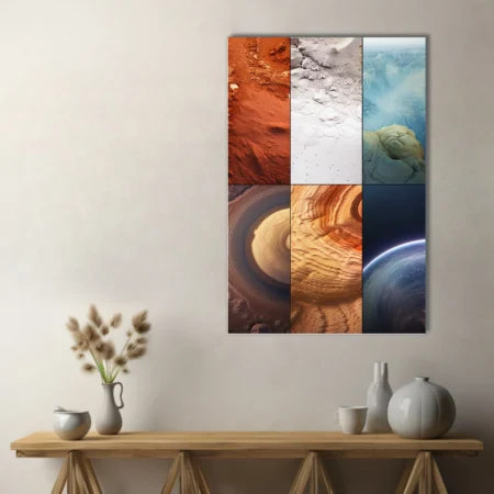 Planetary surface and space views in rust, sand, and icy blue tones