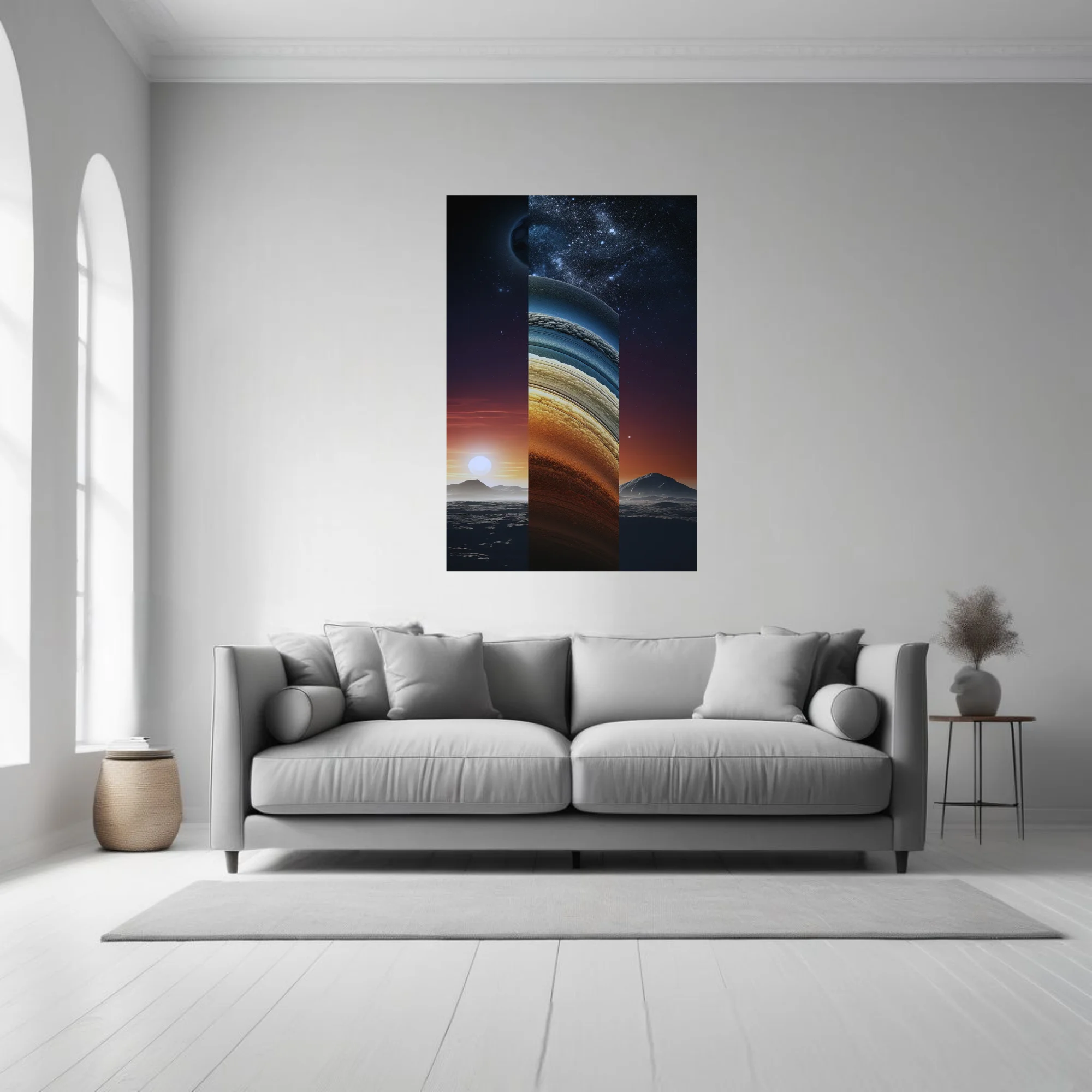 Dreamlike triptych of planetary and celestial scenes in deep blue and amber tones