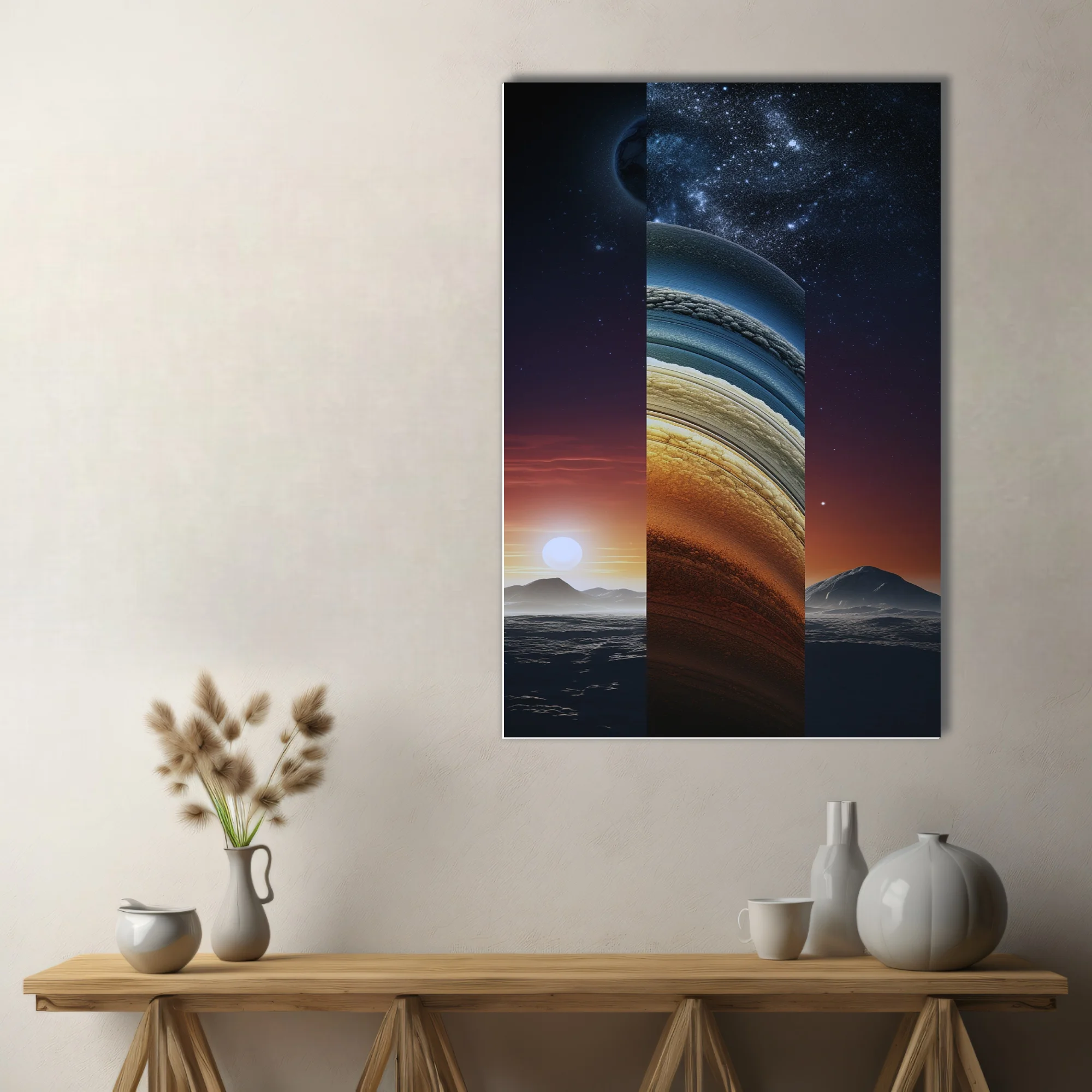 Dreamlike triptych of planetary and celestial scenes in deep blue and amber tones