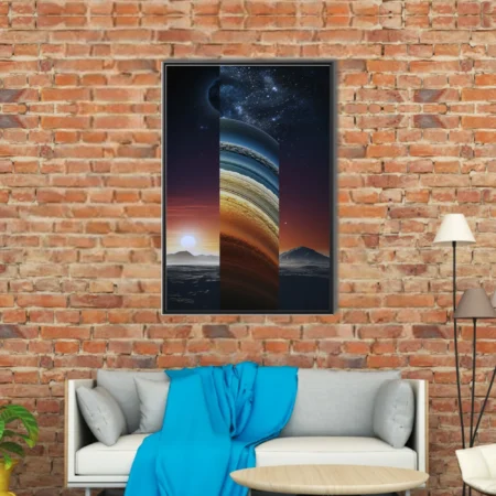 Dreamlike triptych of planetary and celestial scenes in deep blue and amber tones