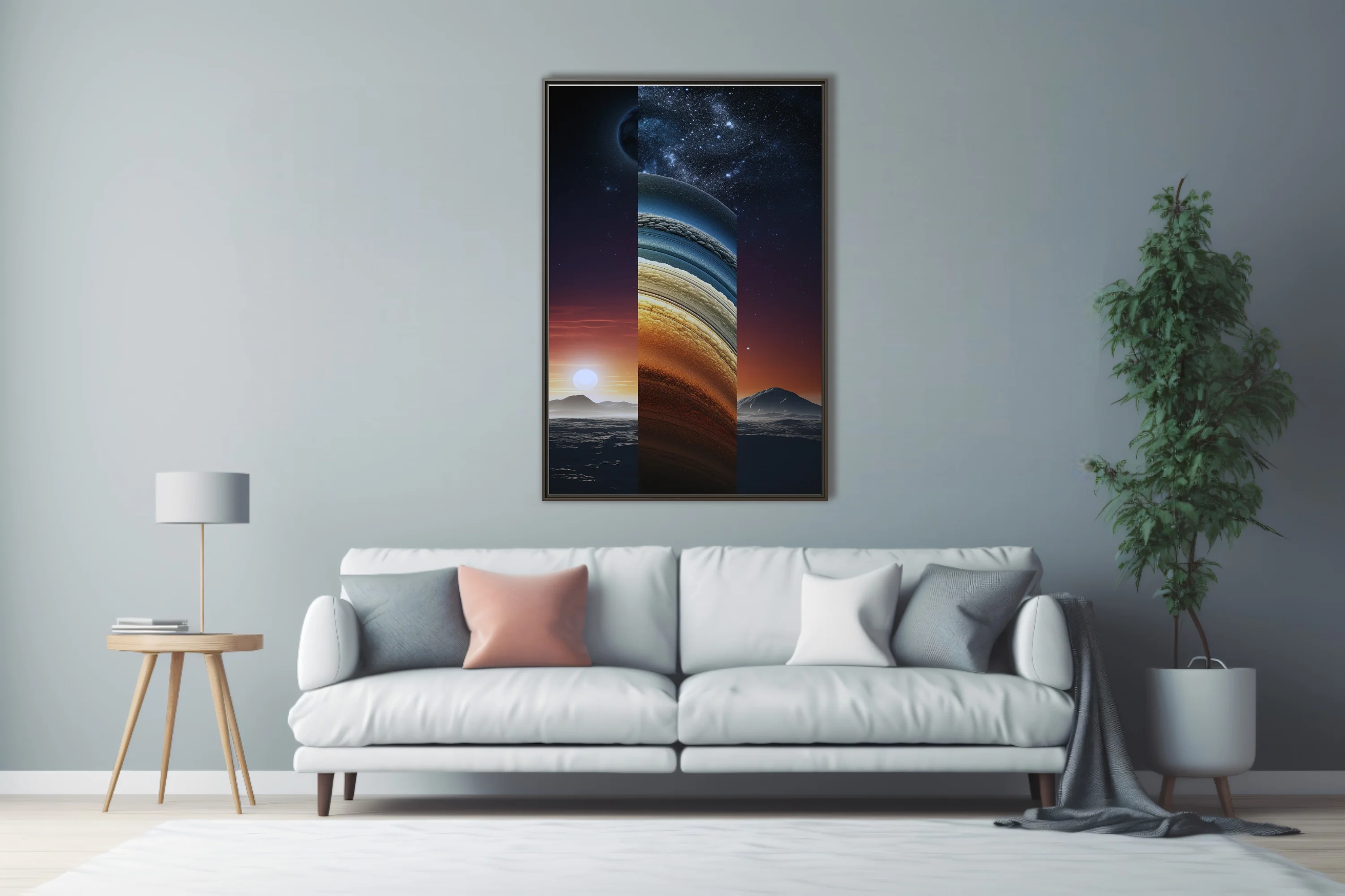 Dreamlike triptych of planetary and celestial scenes in deep blue and amber tones