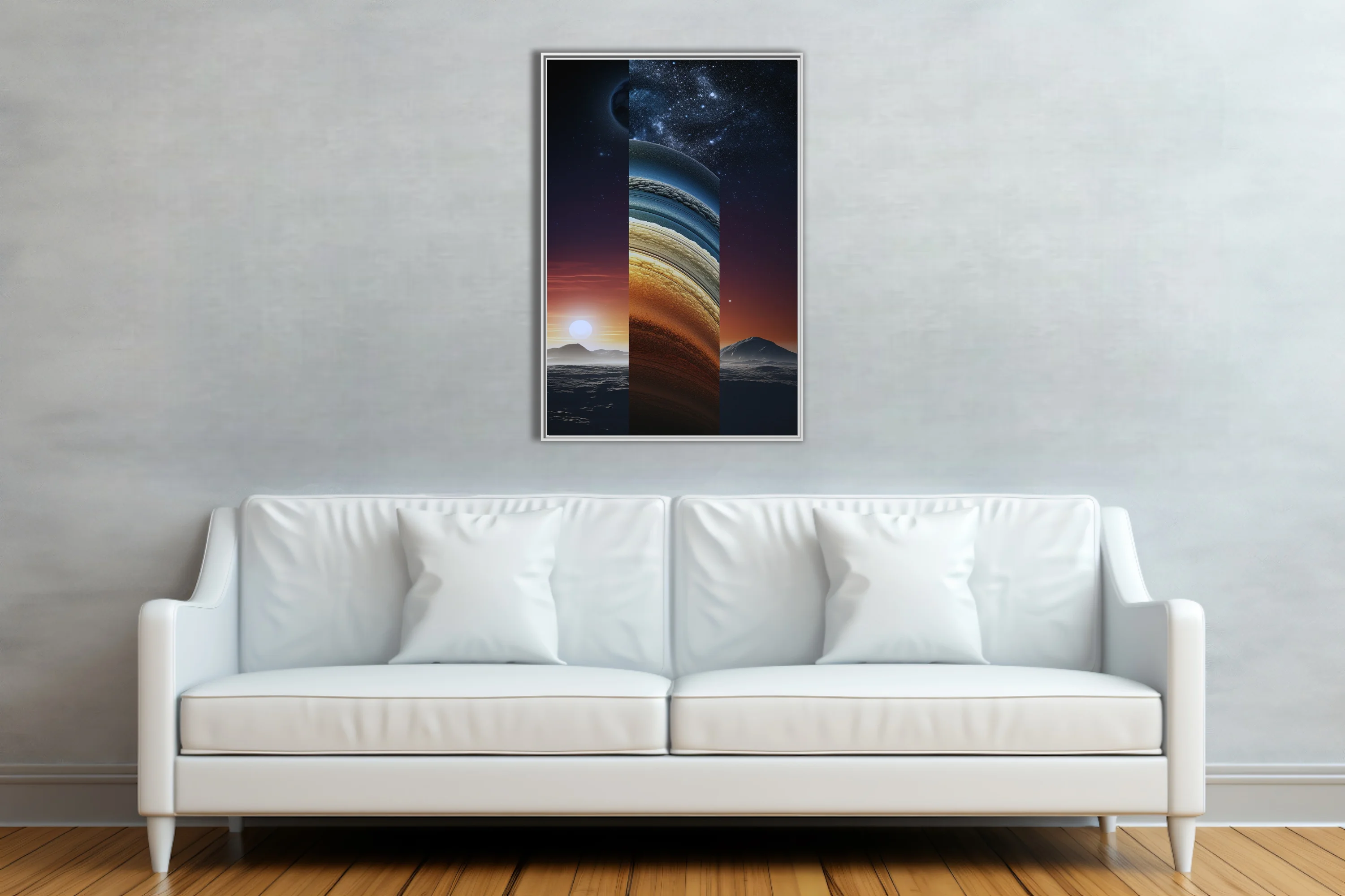 Dreamlike triptych of planetary and celestial scenes in deep blue and amber tones