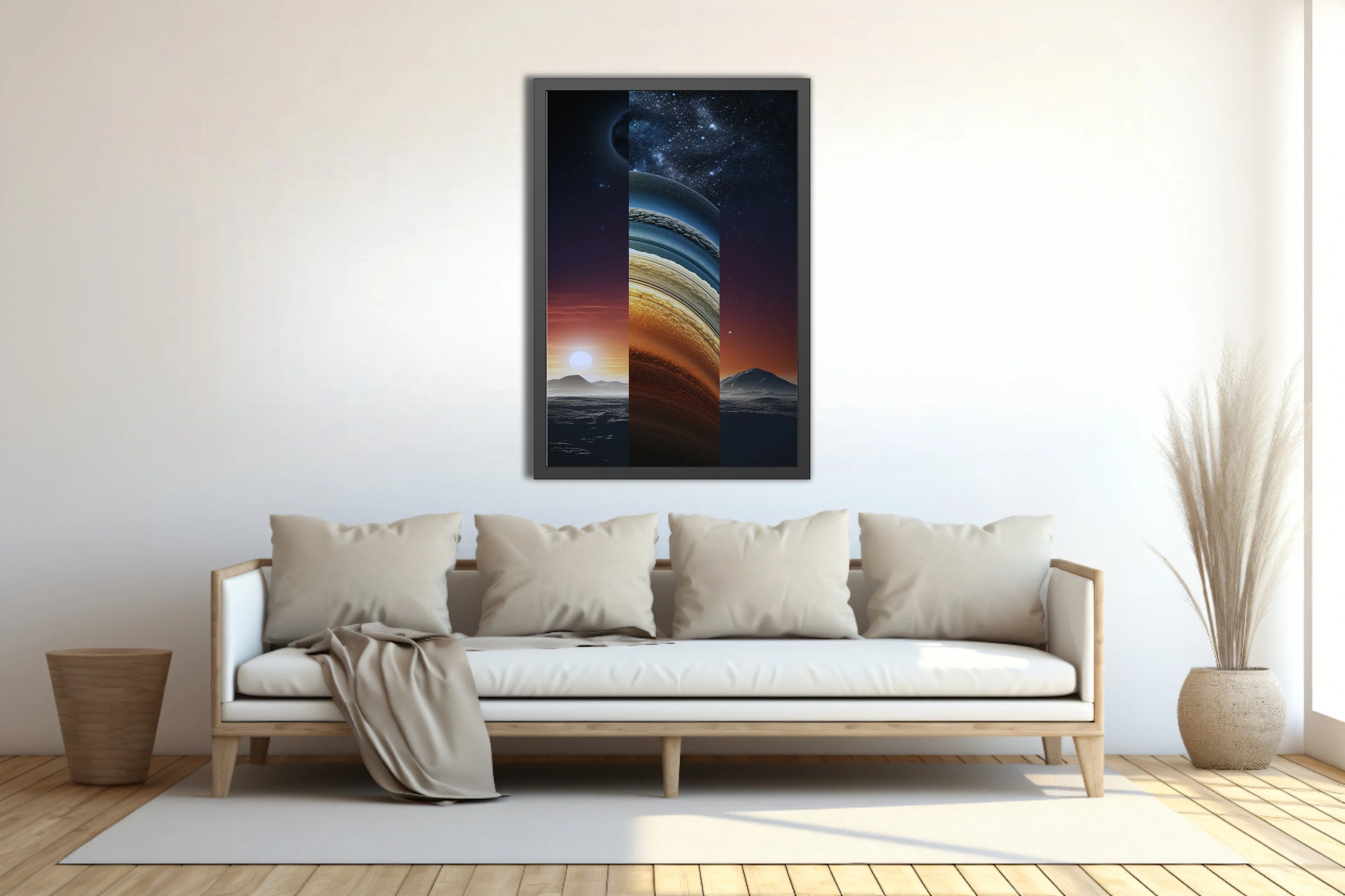Dreamlike triptych of planetary and celestial scenes in deep blue and amber tones