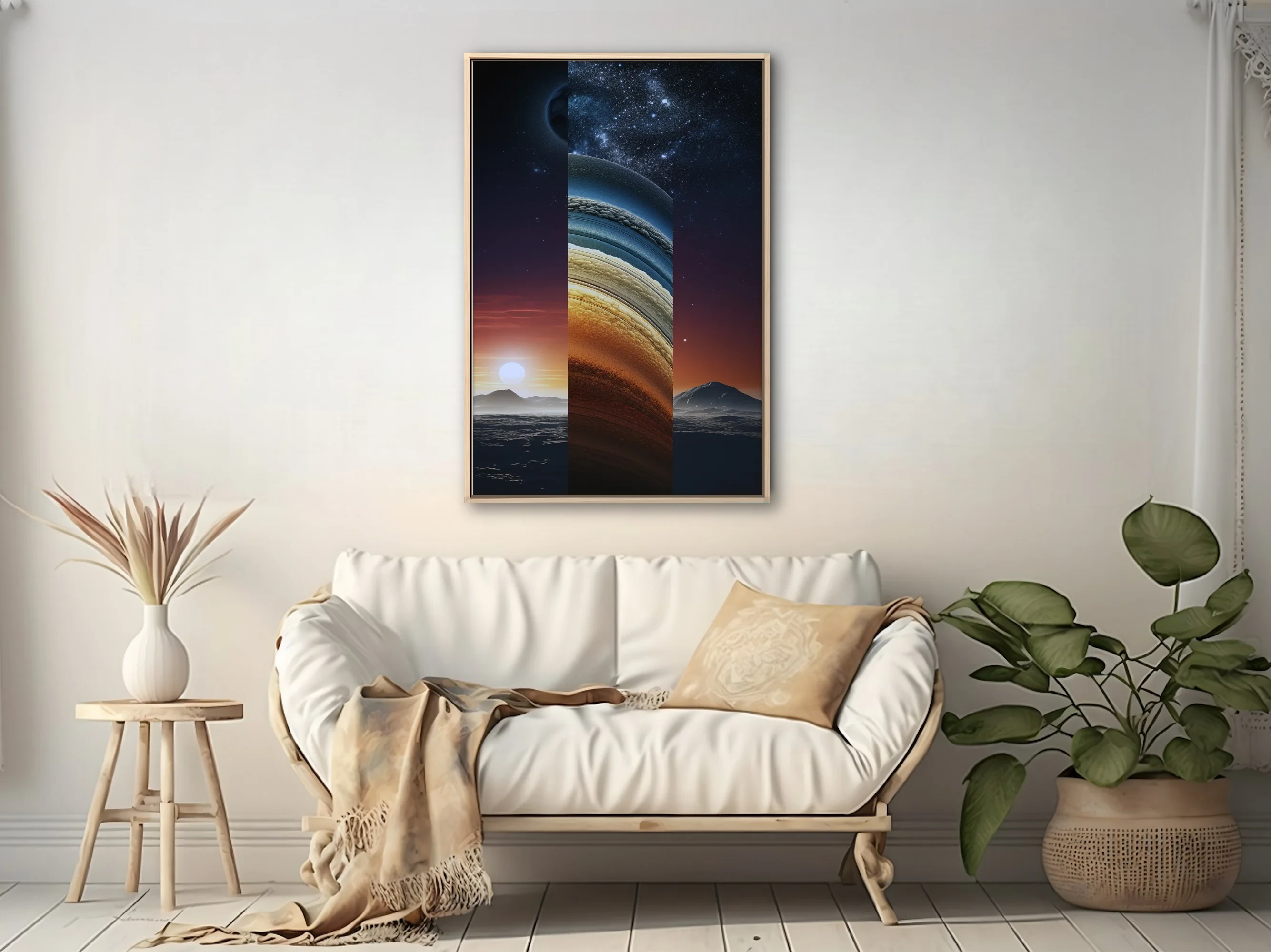 Dreamlike triptych of planetary and celestial scenes in deep blue and amber tones