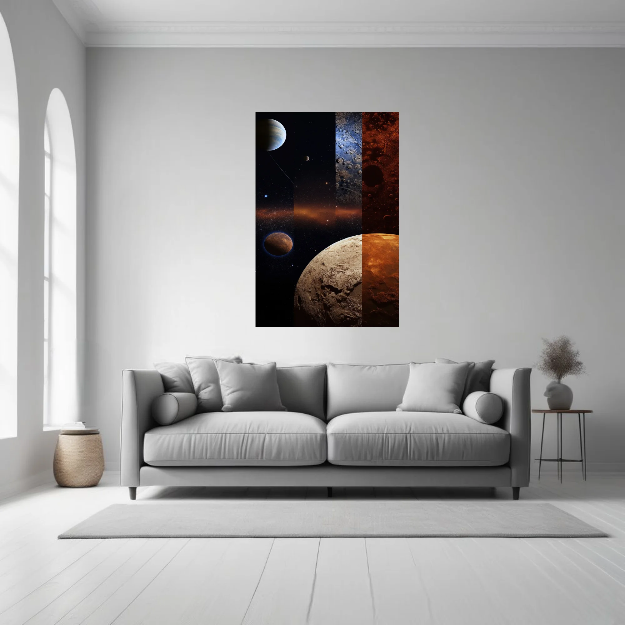 Space collage with planets, craters, and cosmic stellar fields in dark tones