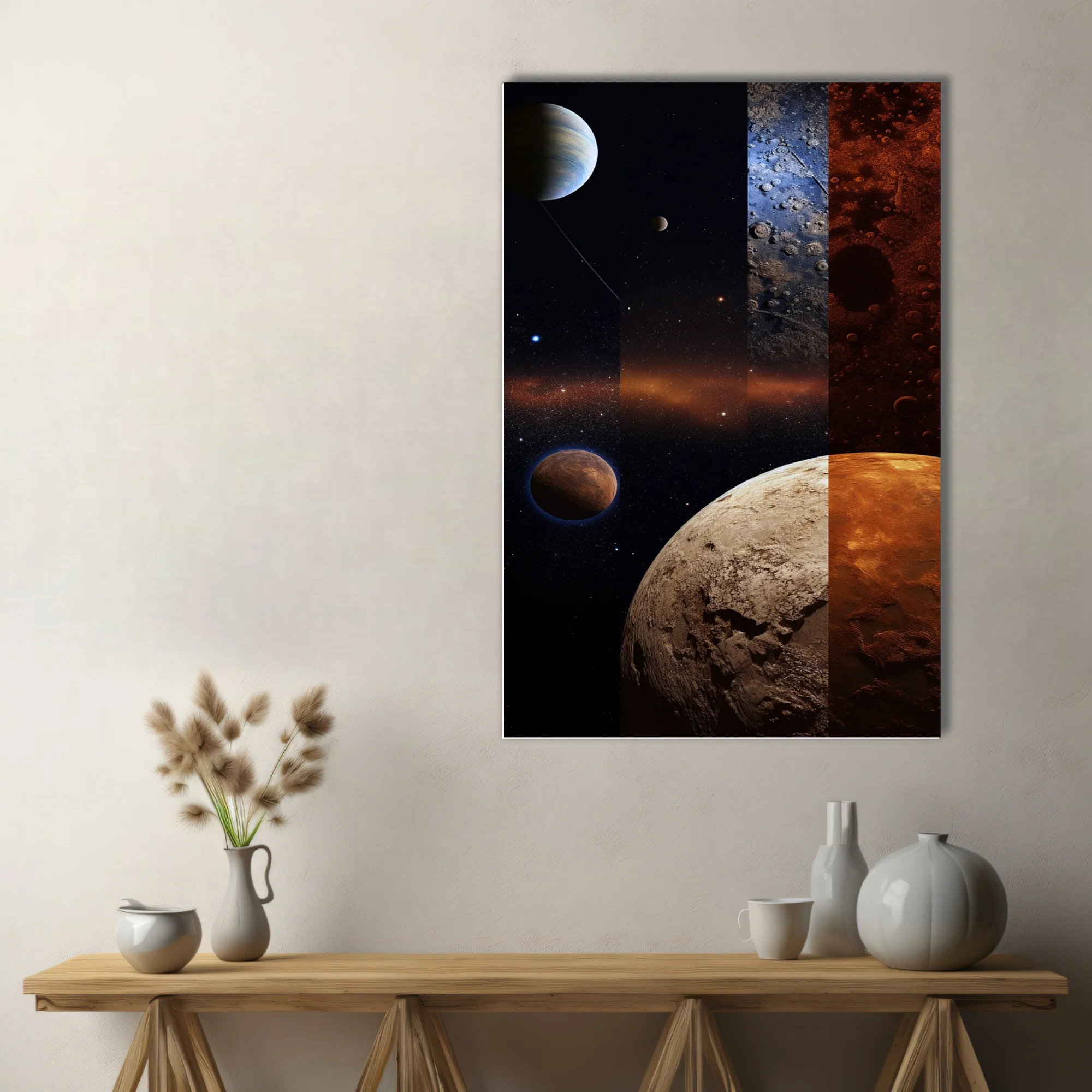 Space collage with planets, craters, and cosmic stellar fields in dark tones