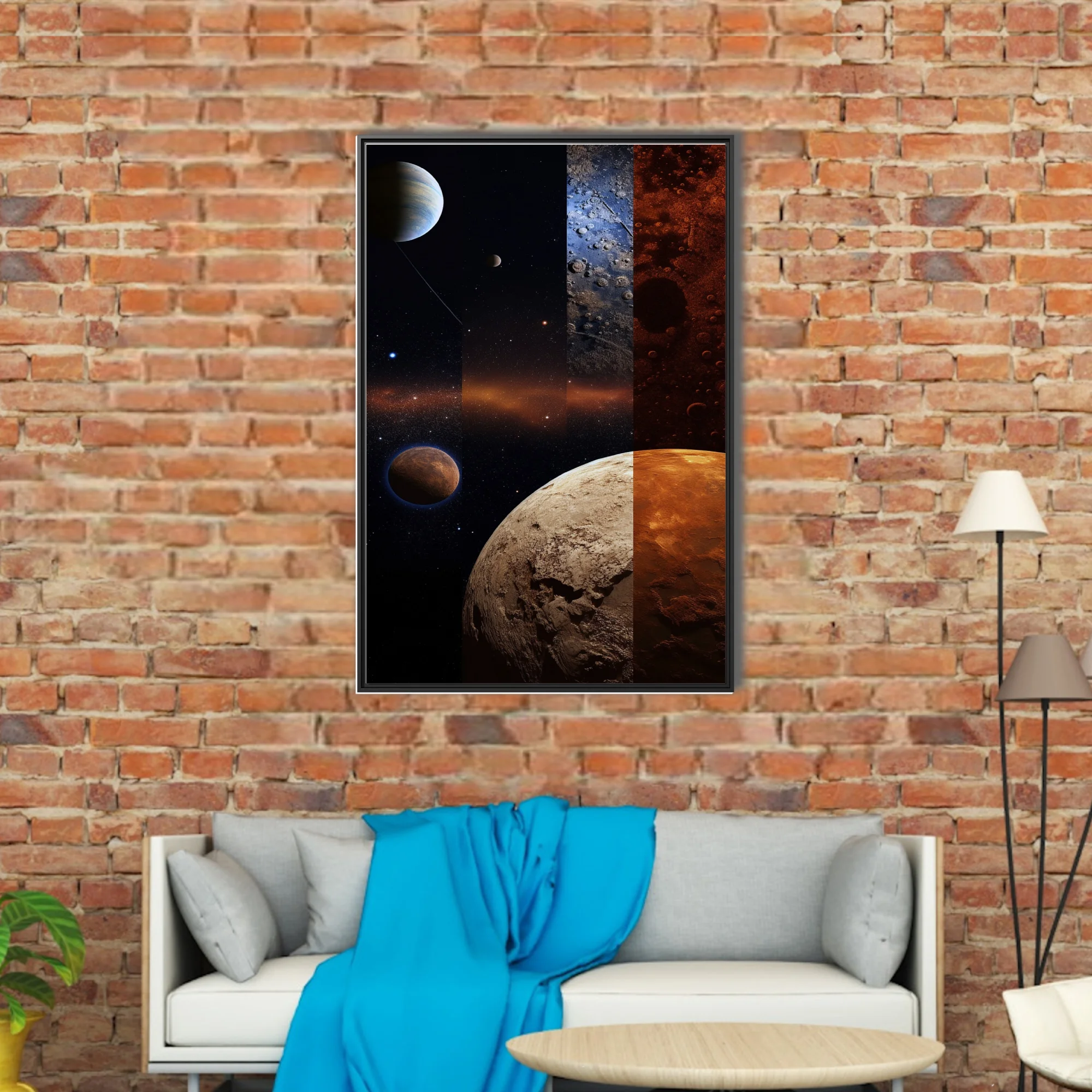 Space collage with planets, craters, and cosmic stellar fields in dark tones