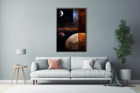 Space collage with planets, craters, and cosmic stellar fields in dark tones