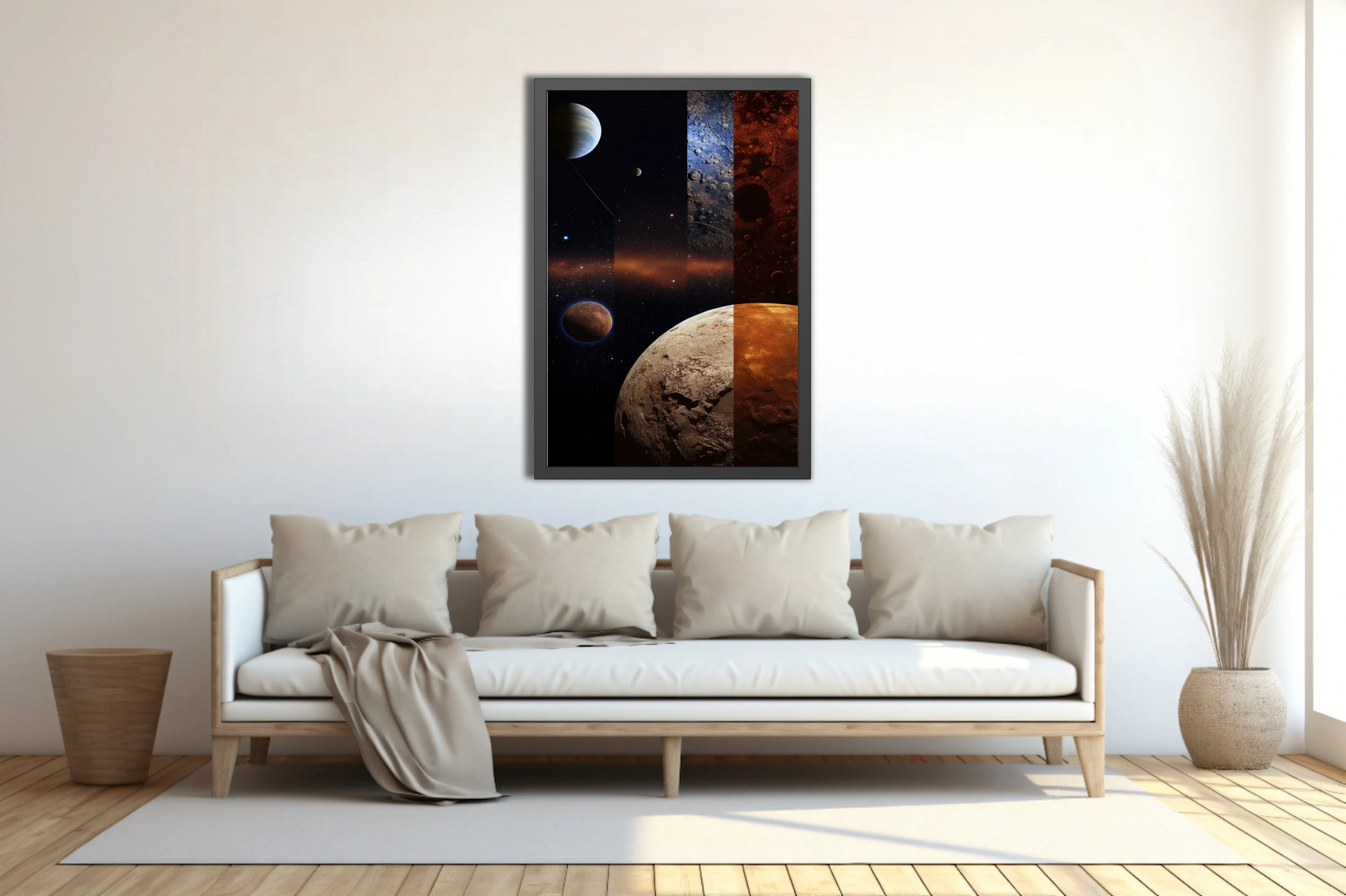 Space collage with planets, craters, and cosmic stellar fields in dark tones