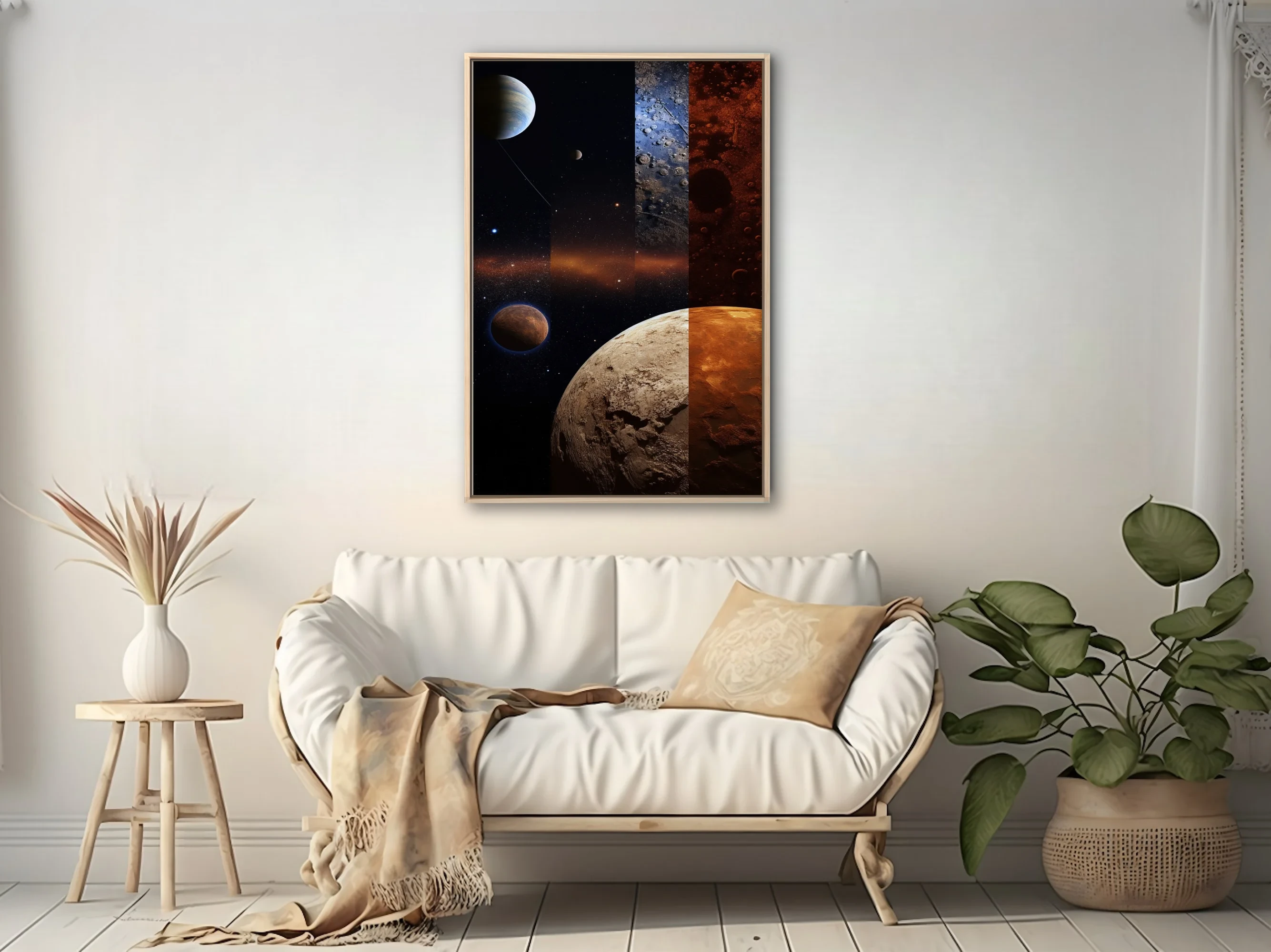 Space collage with planets, craters, and cosmic stellar fields in dark tones