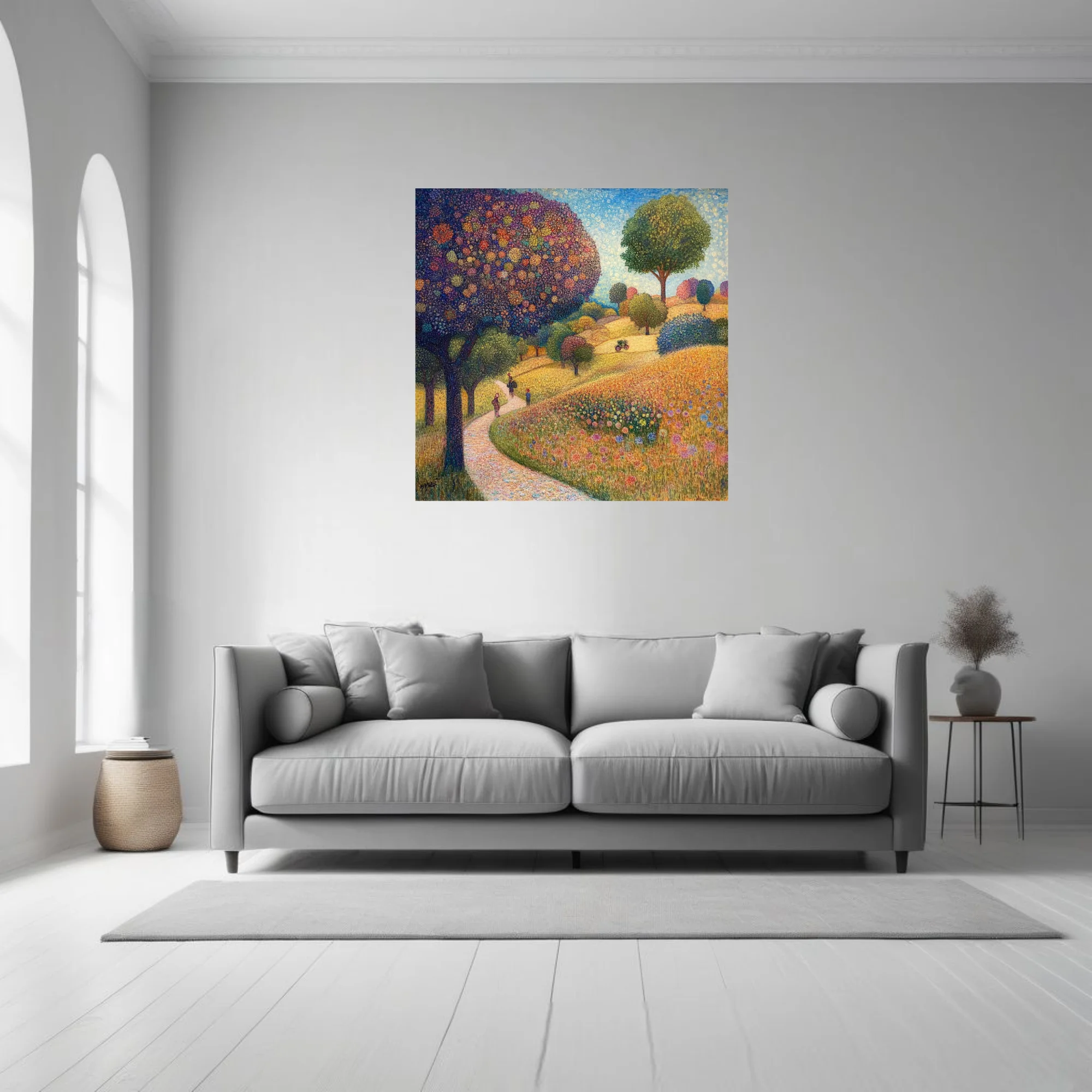 Stippled rural landscape with colorful dotwork trees, wildflower meadow, winding path