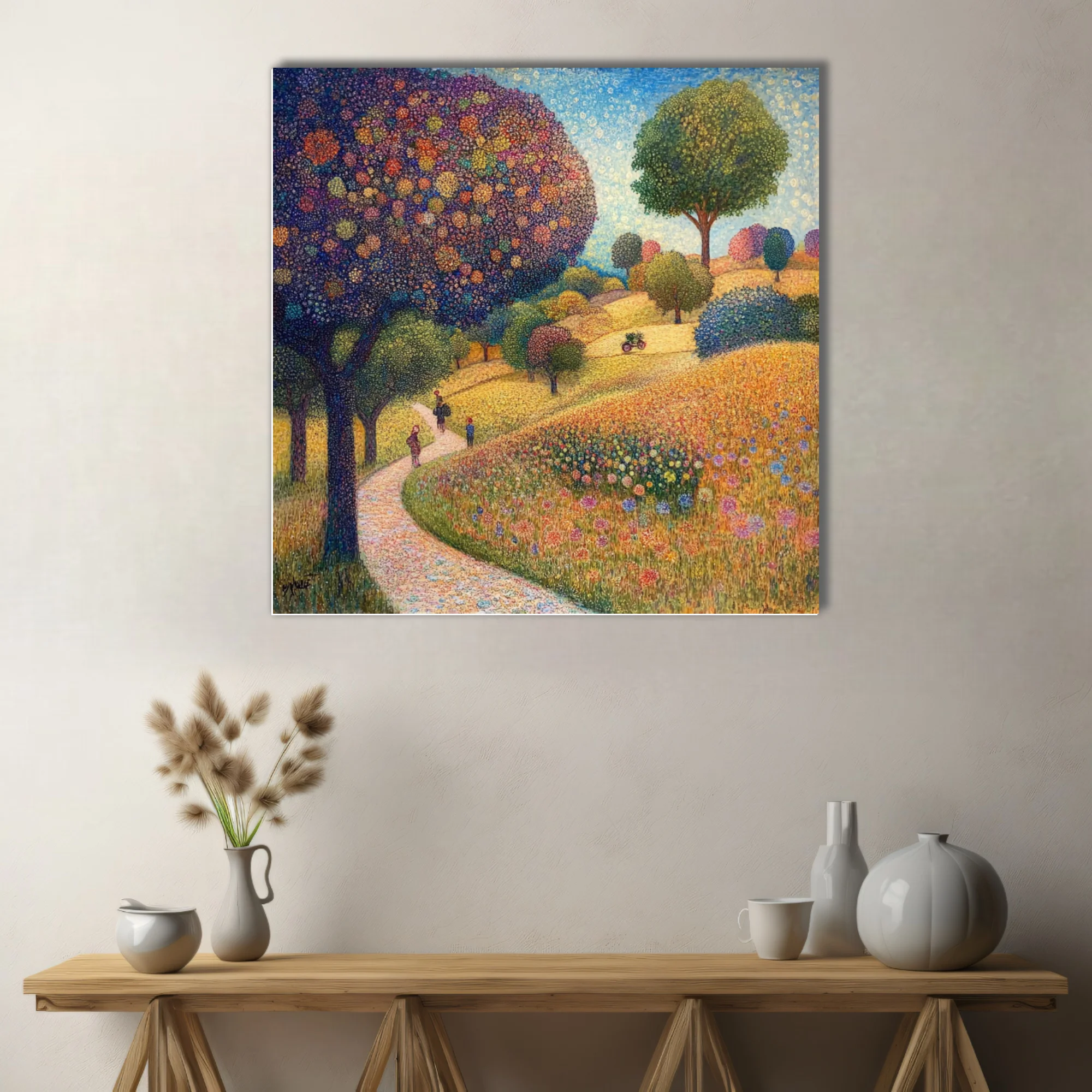 Stippled rural landscape with colorful dotwork trees, wildflower meadow, winding path