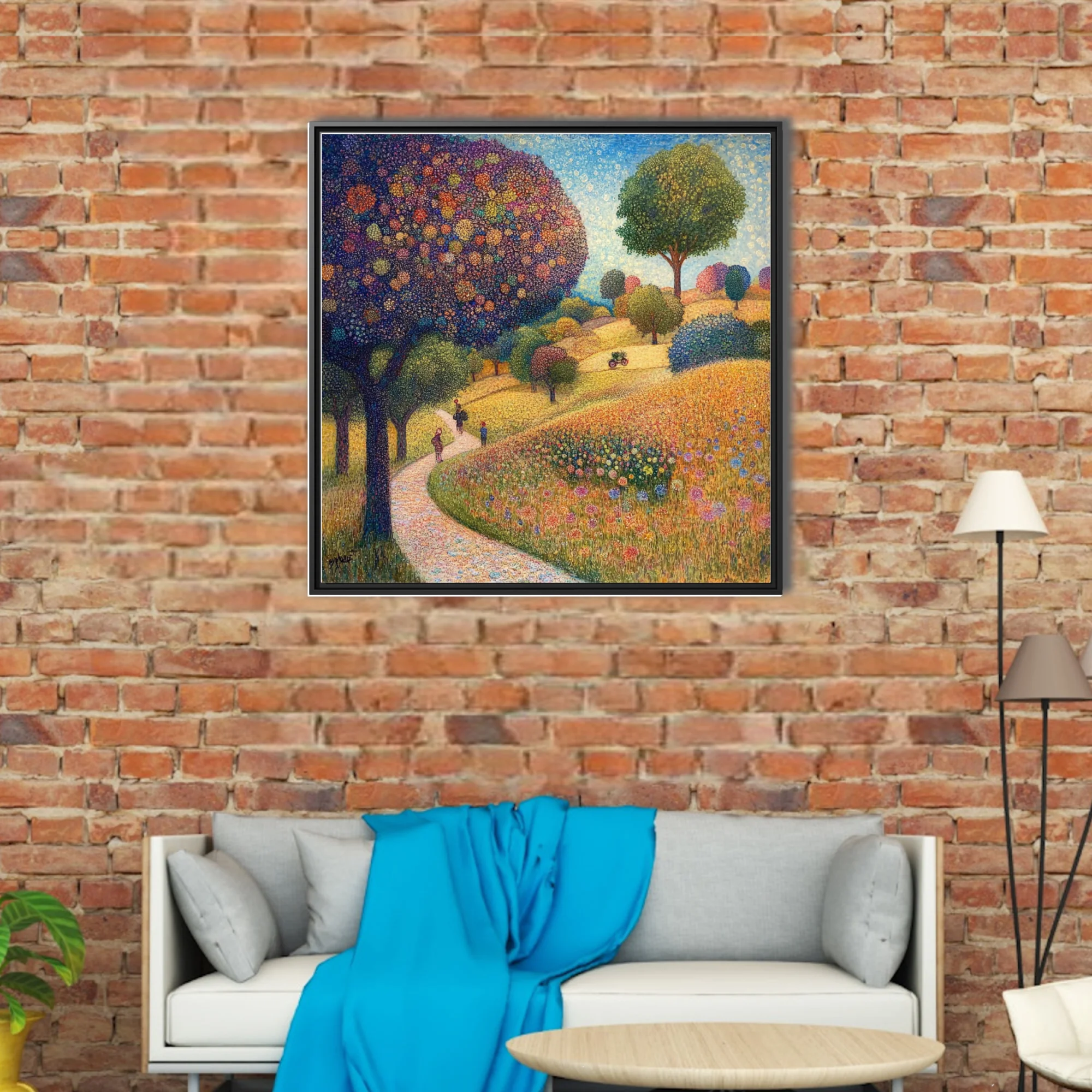 Stippled rural landscape with colorful dotwork trees, wildflower meadow, winding path