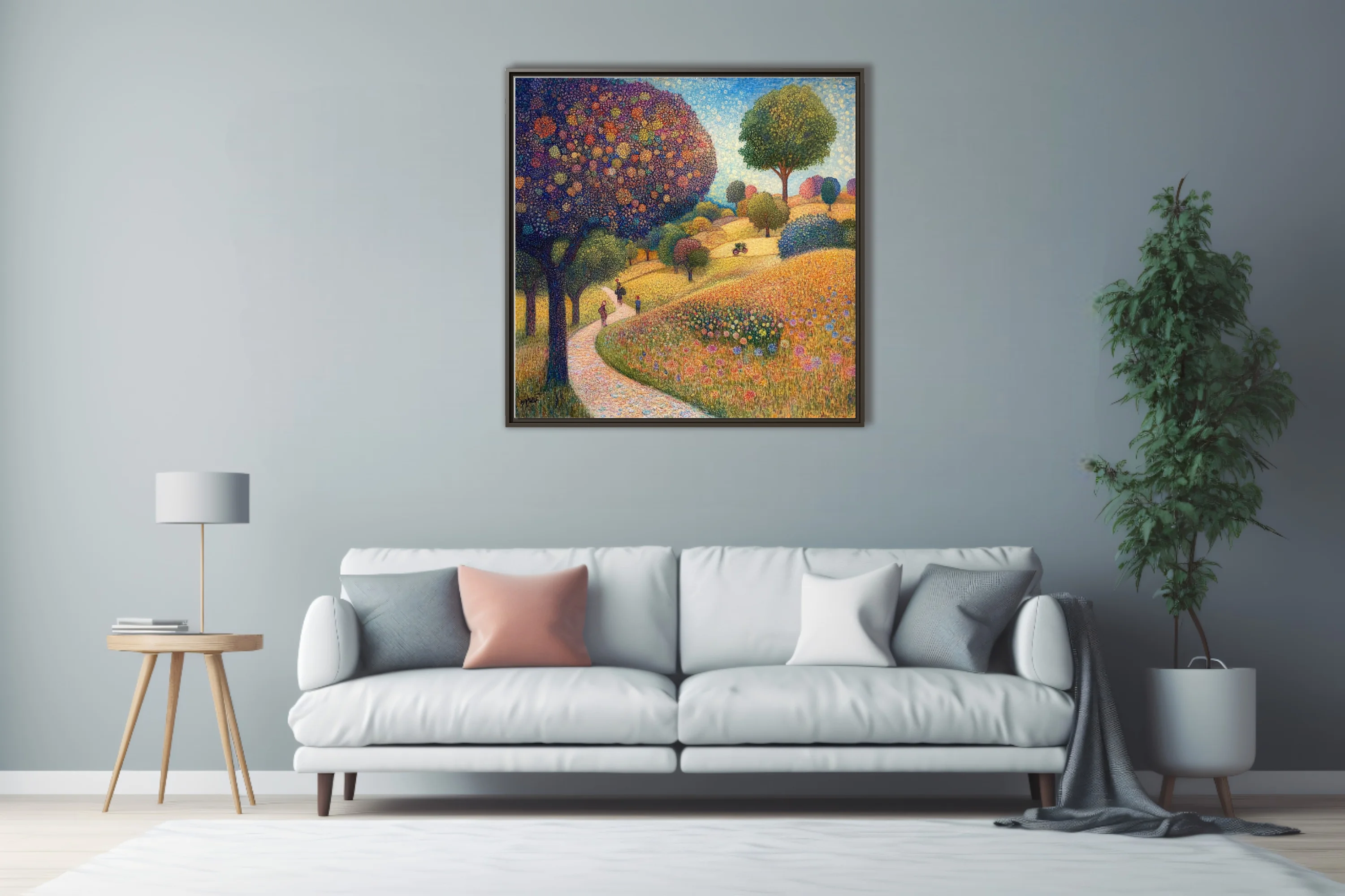Stippled rural landscape with colorful dotwork trees, wildflower meadow, winding path
