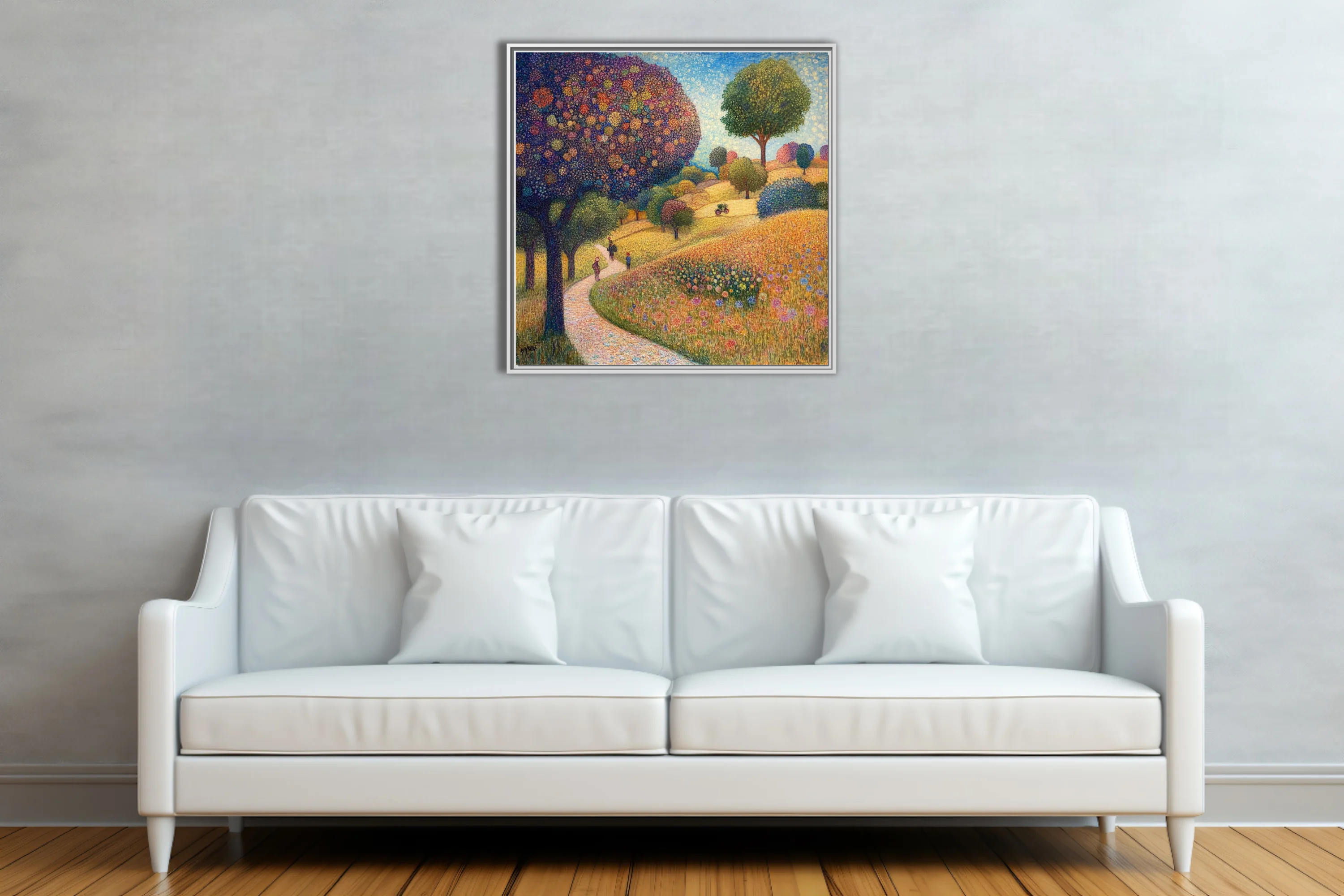 Stippled rural landscape with colorful dotwork trees, wildflower meadow, winding path
