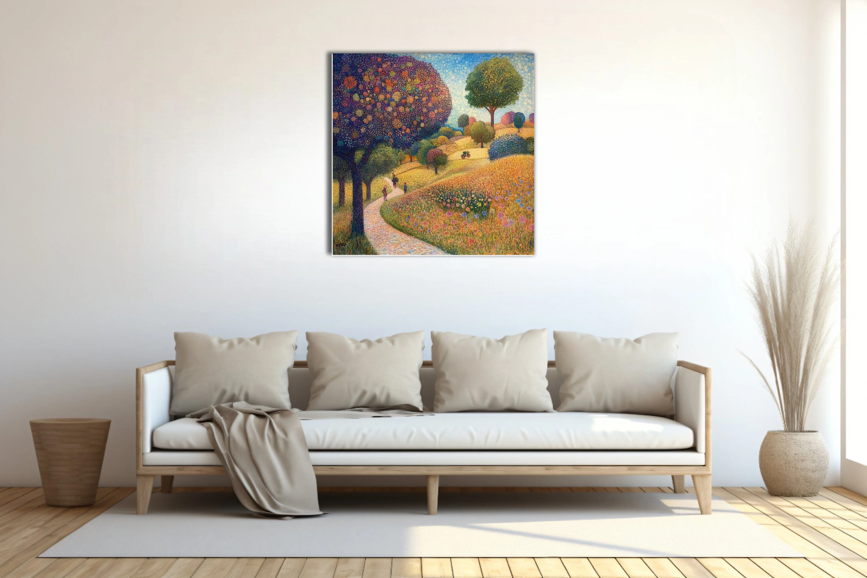 Stippled rural landscape with colorful dotwork trees, wildflower meadow, winding path