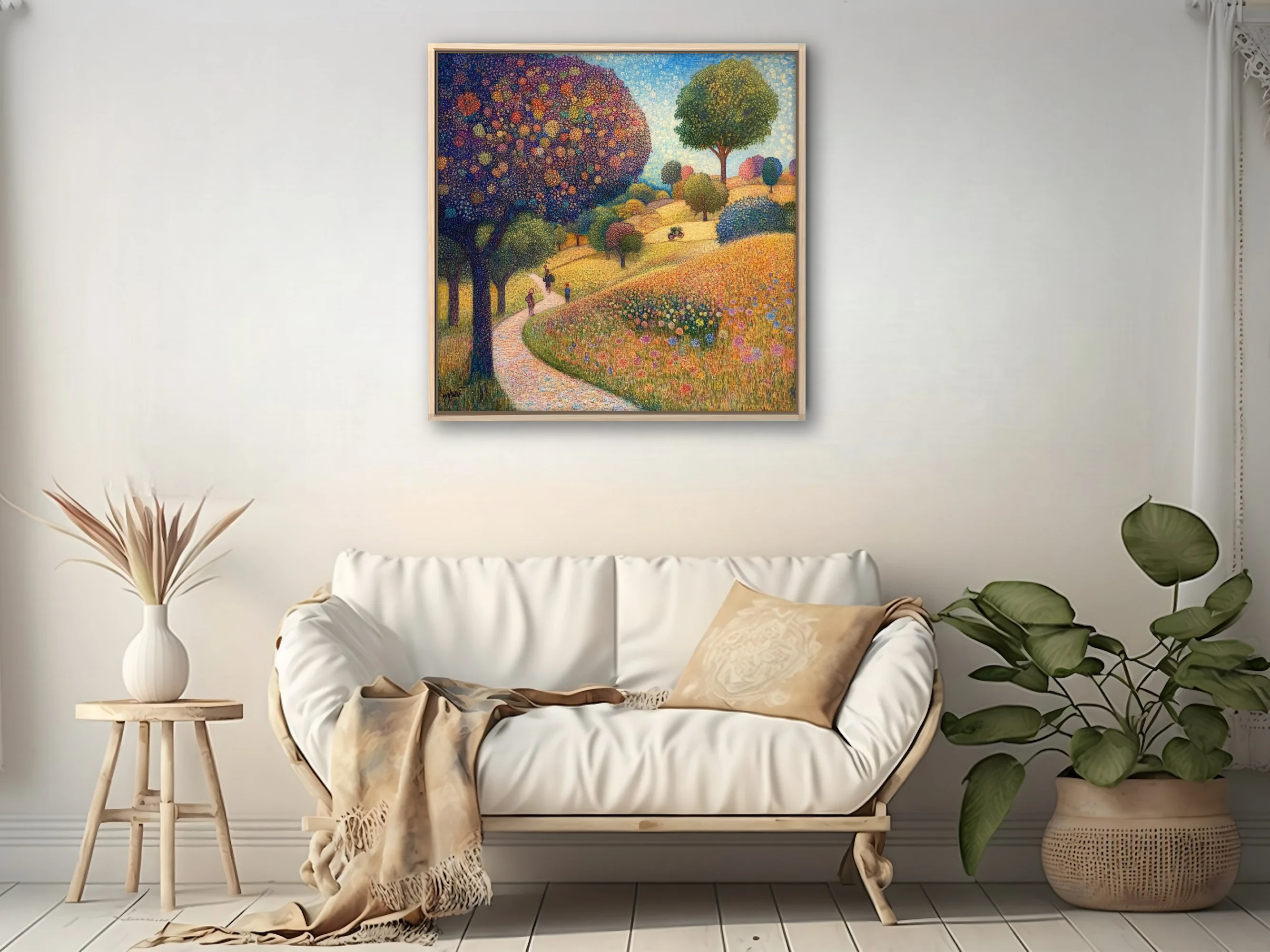 Stippled rural landscape with colorful dotwork trees, wildflower meadow, winding path