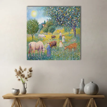 Stippled pastoral scene with figures, grazing animals, flowering meadow and vibrant dotted foliage