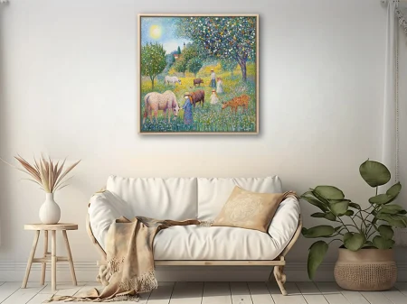 Stippled pastoral scene with figures, grazing animals, flowering meadow and vibrant dotted foliage