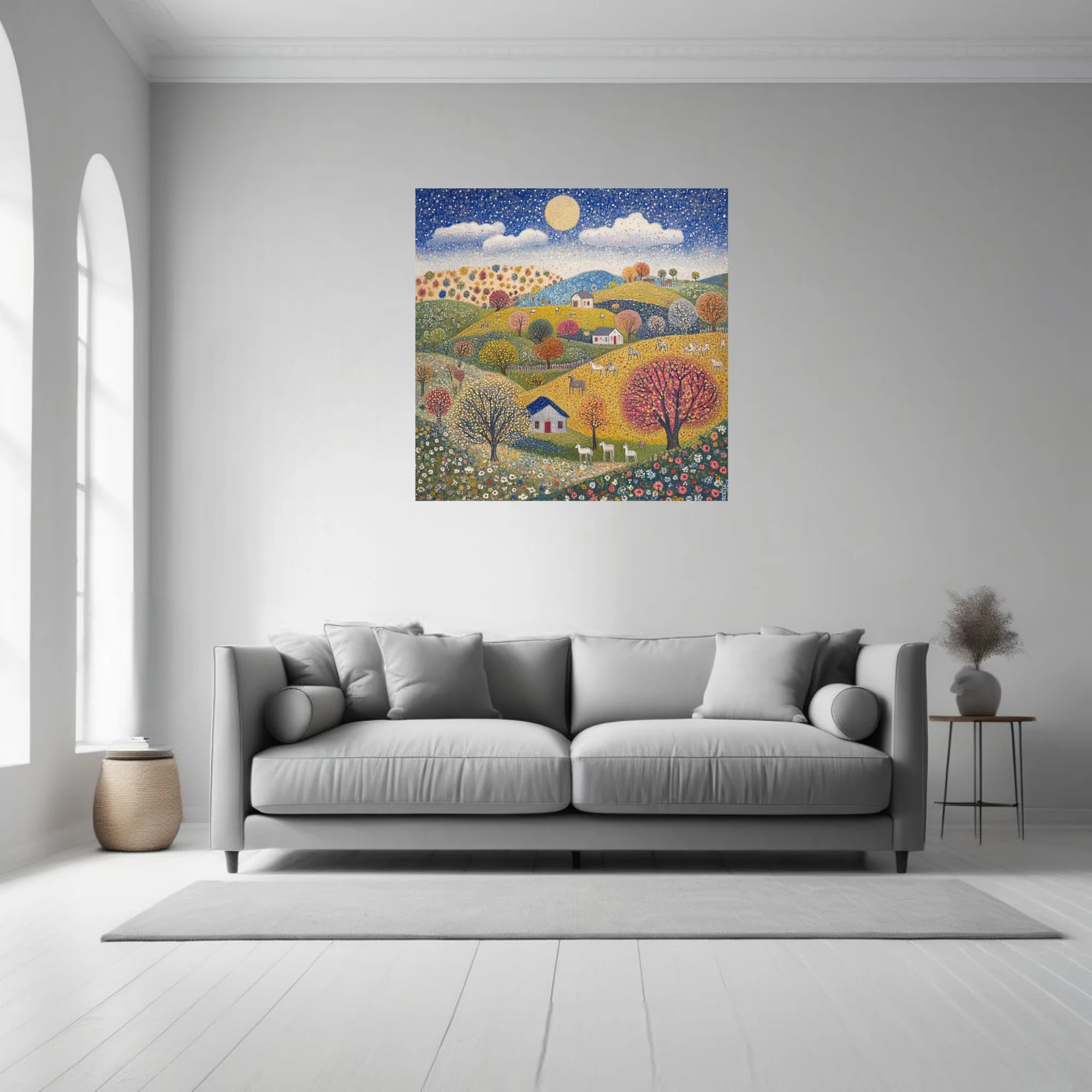 Stippled folk landscape with rolling hills, colorful trees, cottages, and starry sky