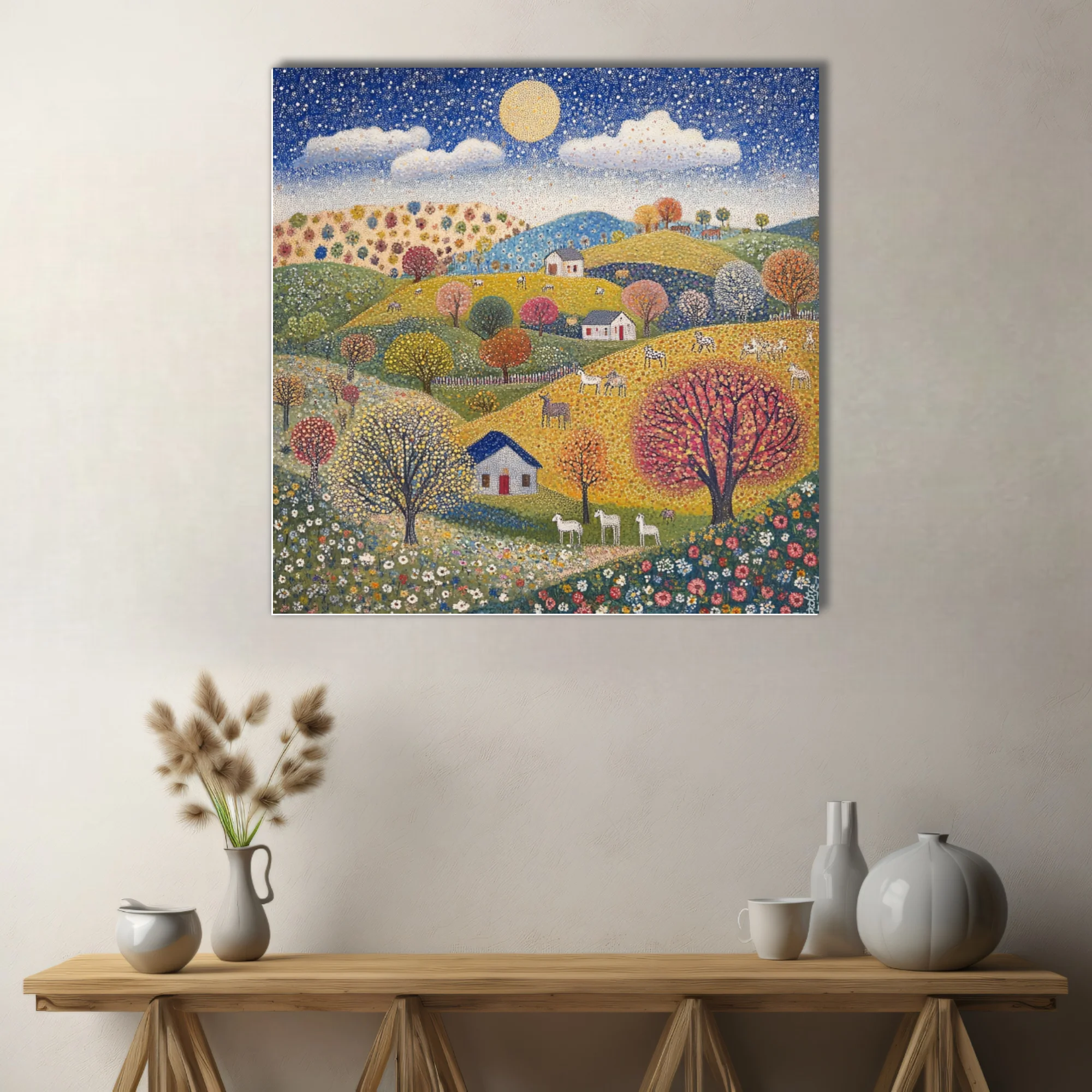 Stippled folk landscape with rolling hills, colorful trees, cottages, and starry sky