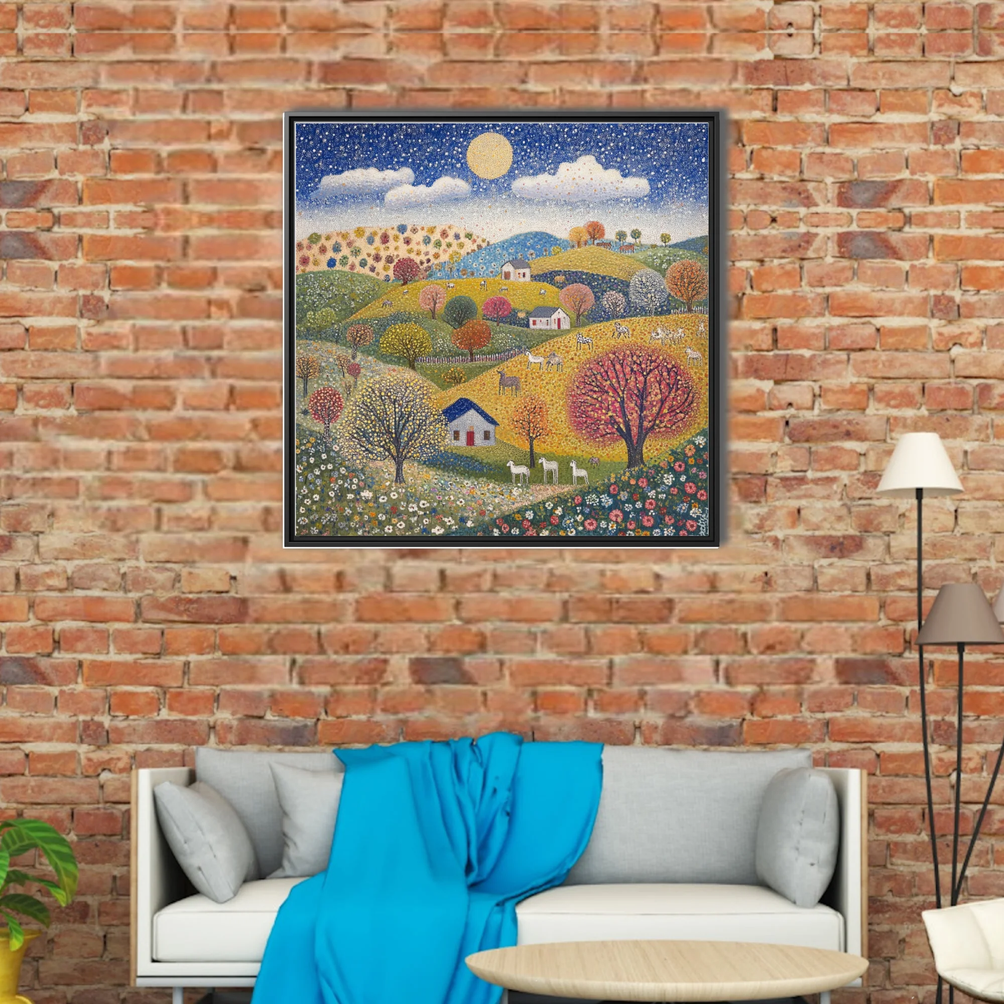 Stippled folk landscape with rolling hills, colorful trees, cottages, and starry sky