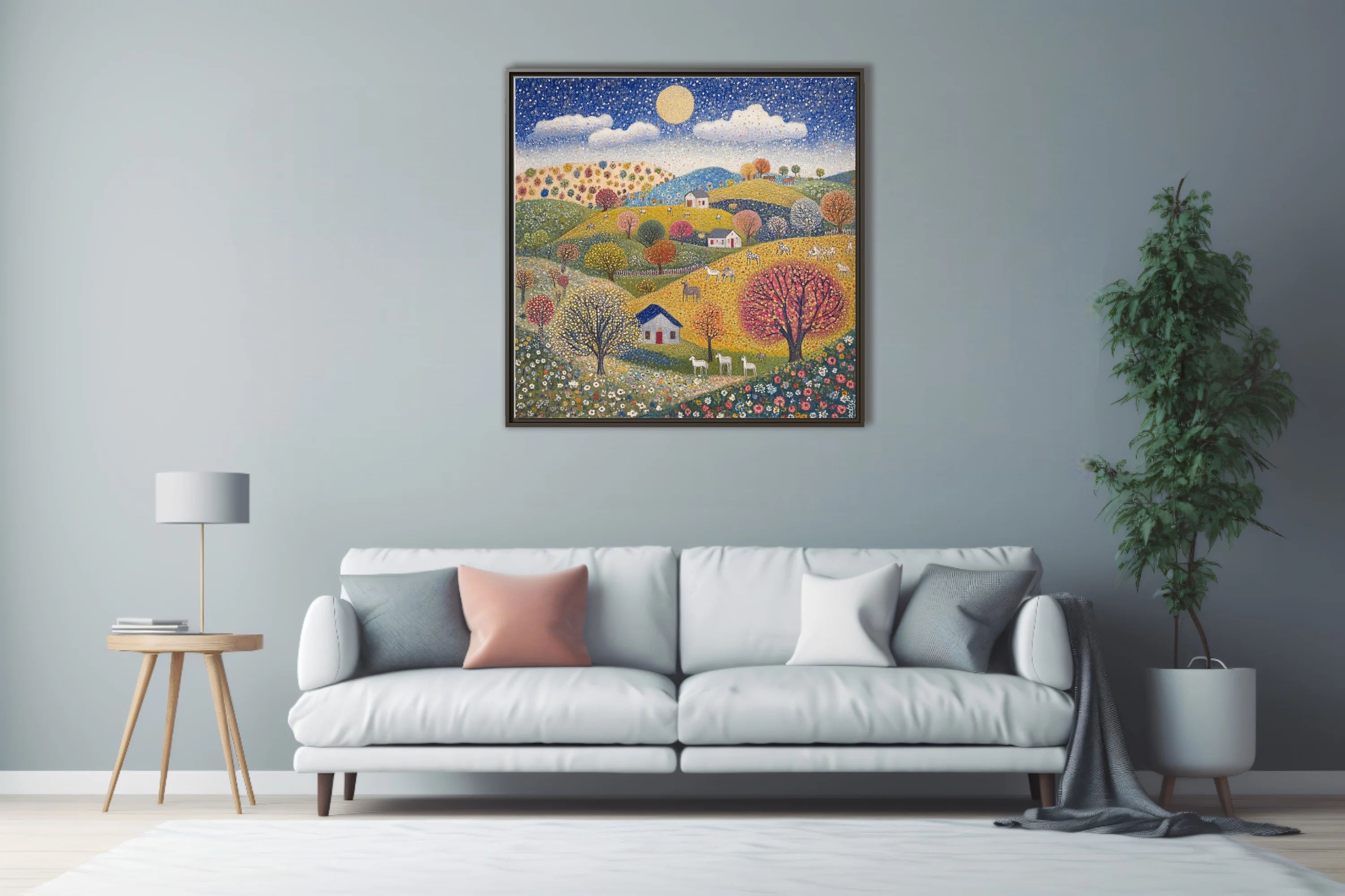 Stippled folk landscape with rolling hills, colorful trees, cottages, and starry sky