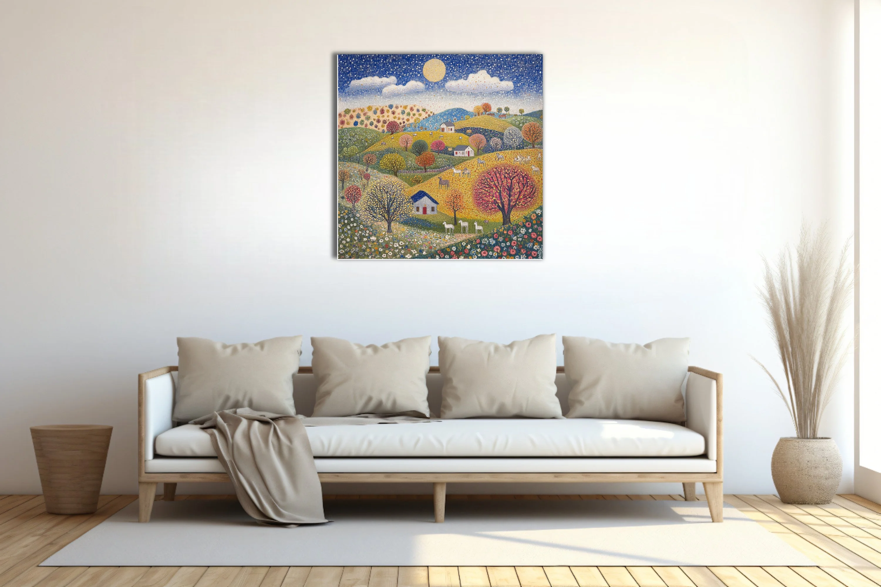 Stippled folk landscape with rolling hills, colorful trees, cottages, and starry sky