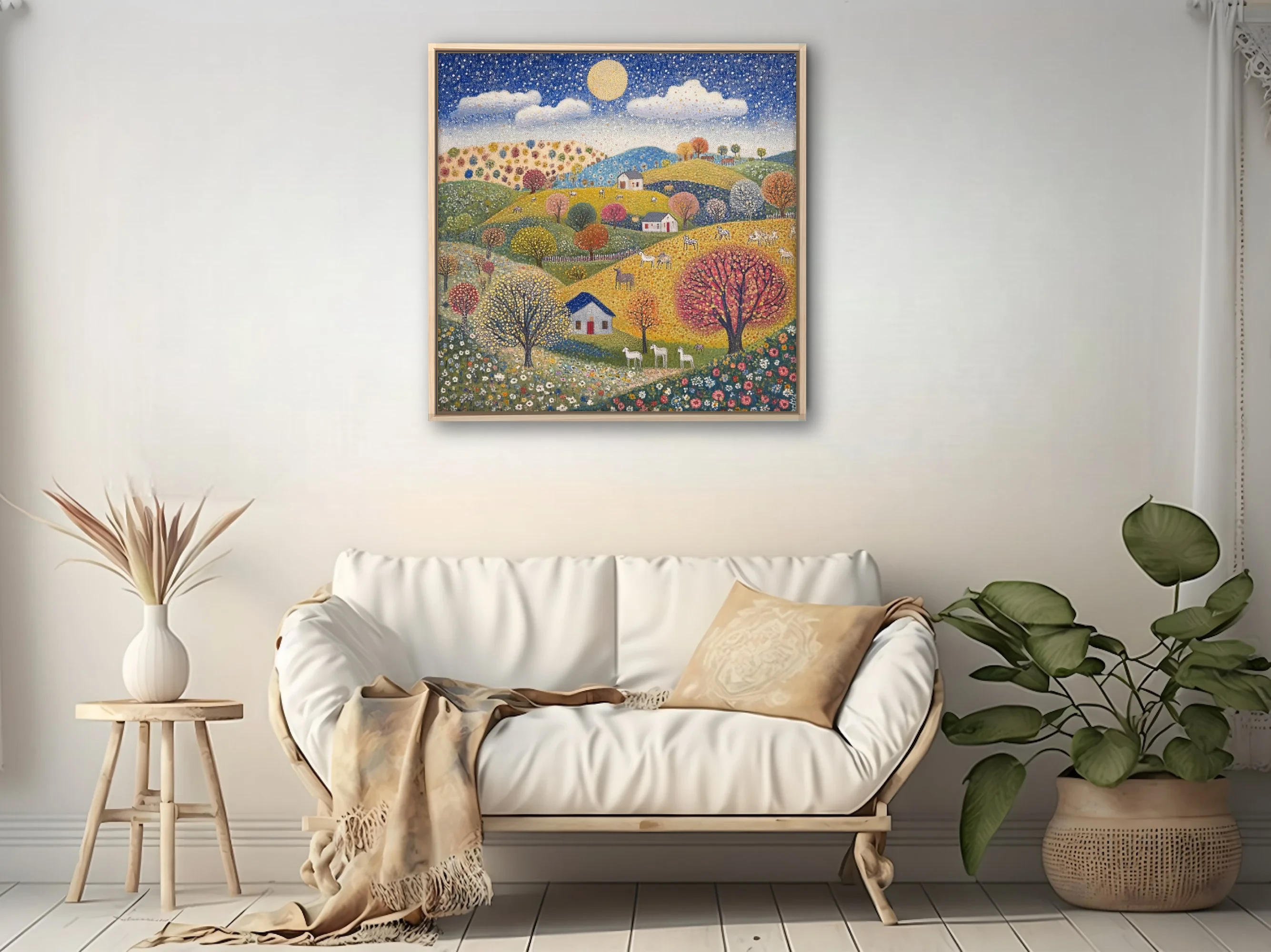 Stippled folk landscape with rolling hills, colorful trees, cottages, and starry sky