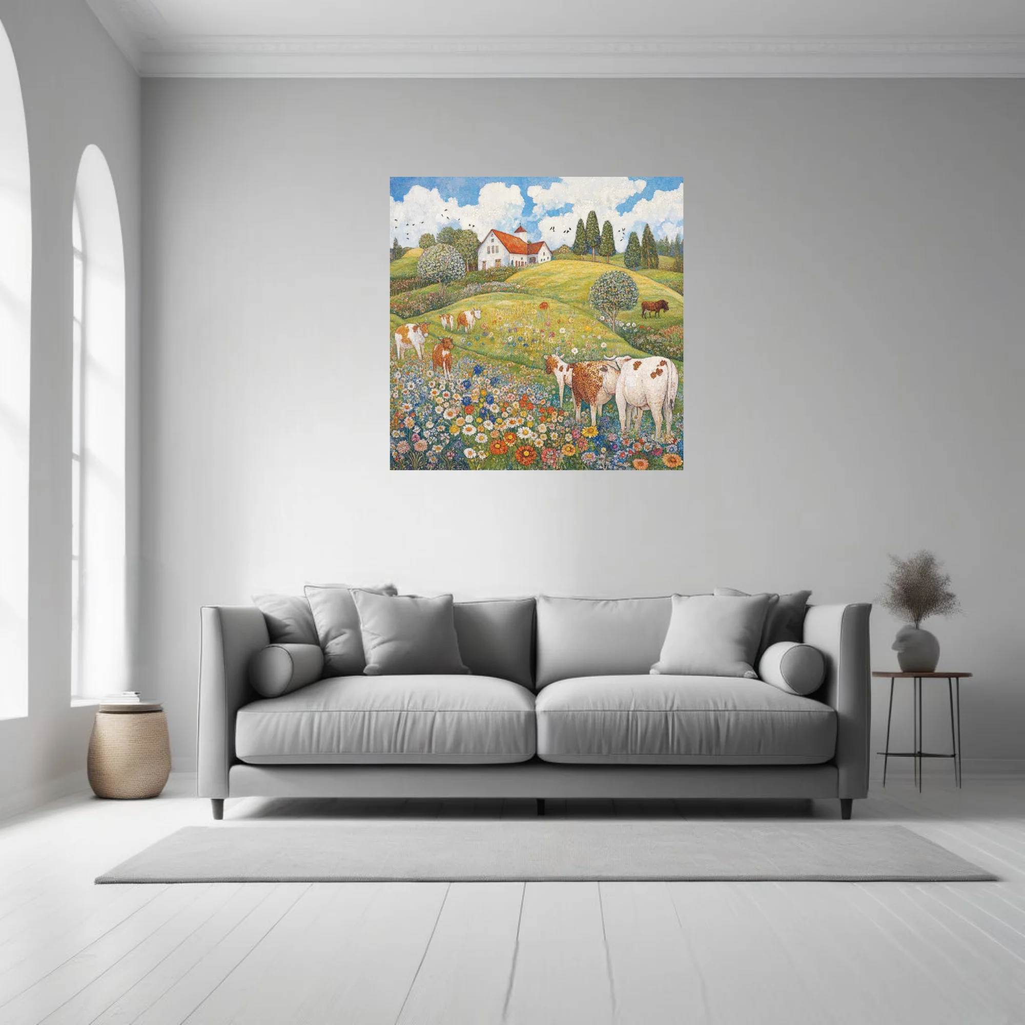 Stippled countryside landscape with cows, wildflower meadow, and red-roofed farmhouse under blue sky