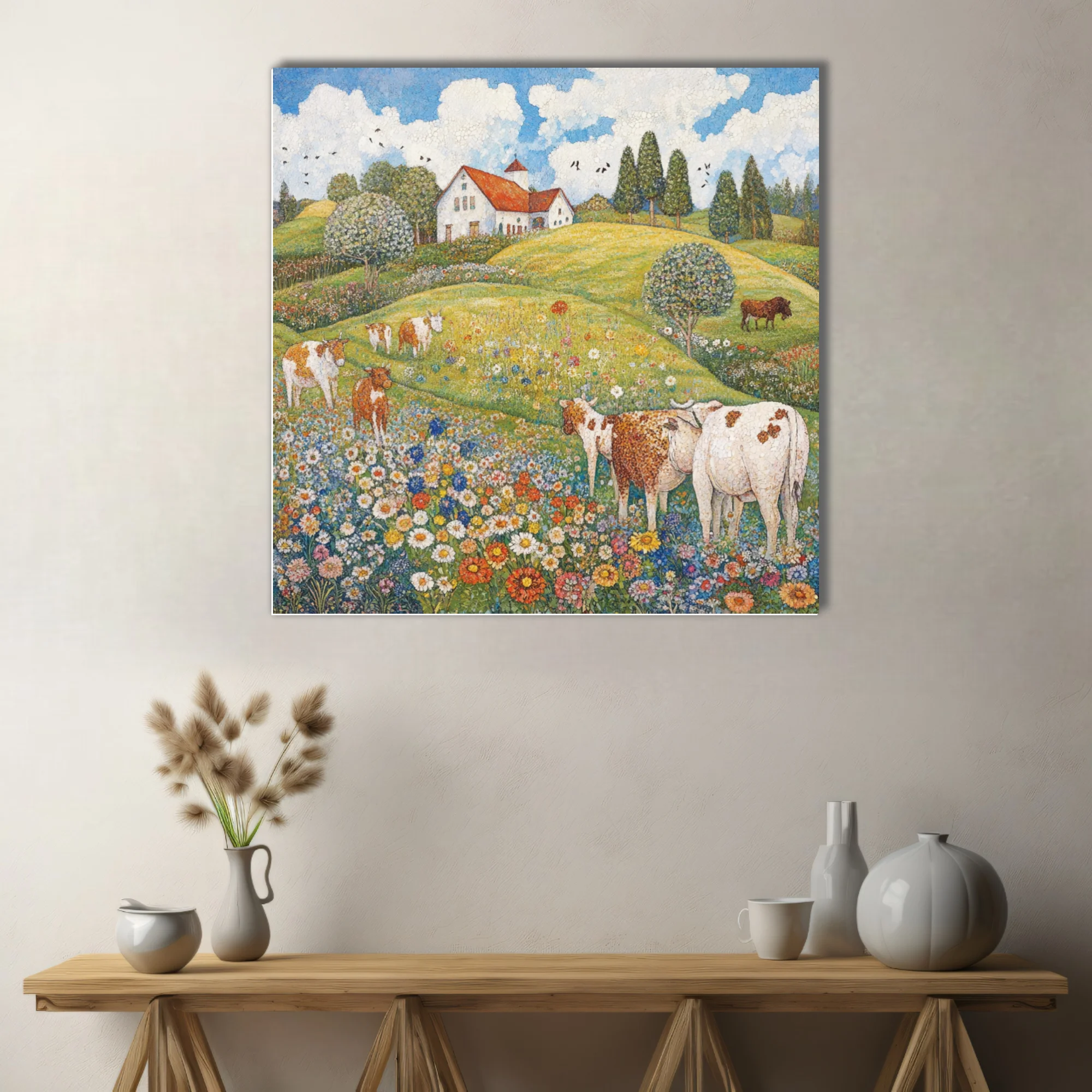 Stippled countryside landscape with cows, wildflower meadow, and red-roofed farmhouse under blue sky