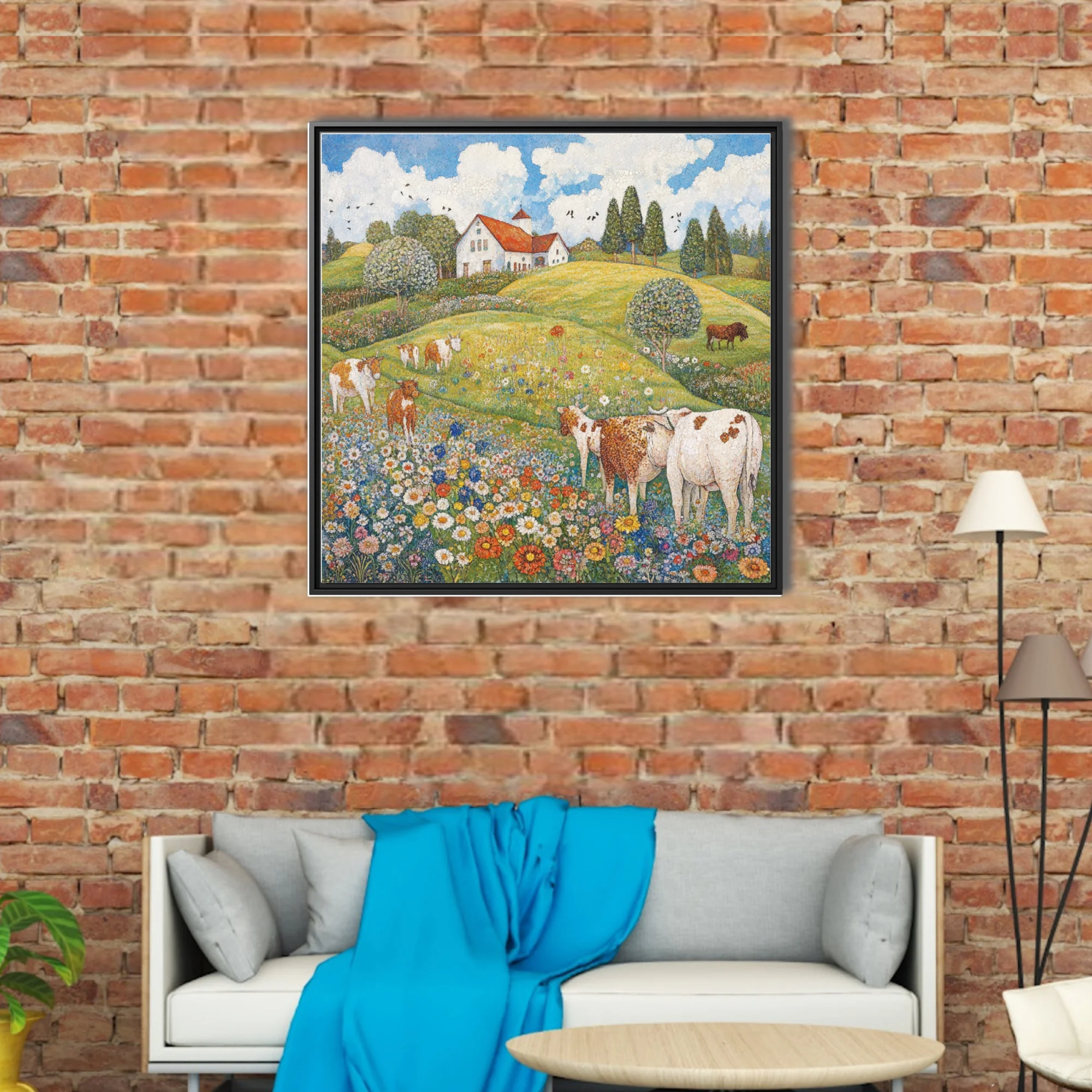 Stippled countryside landscape with cows, wildflower meadow, and red-roofed farmhouse under blue sky