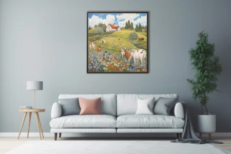 Stippled countryside landscape with cows, wildflower meadow, and red-roofed farmhouse under blue sky
