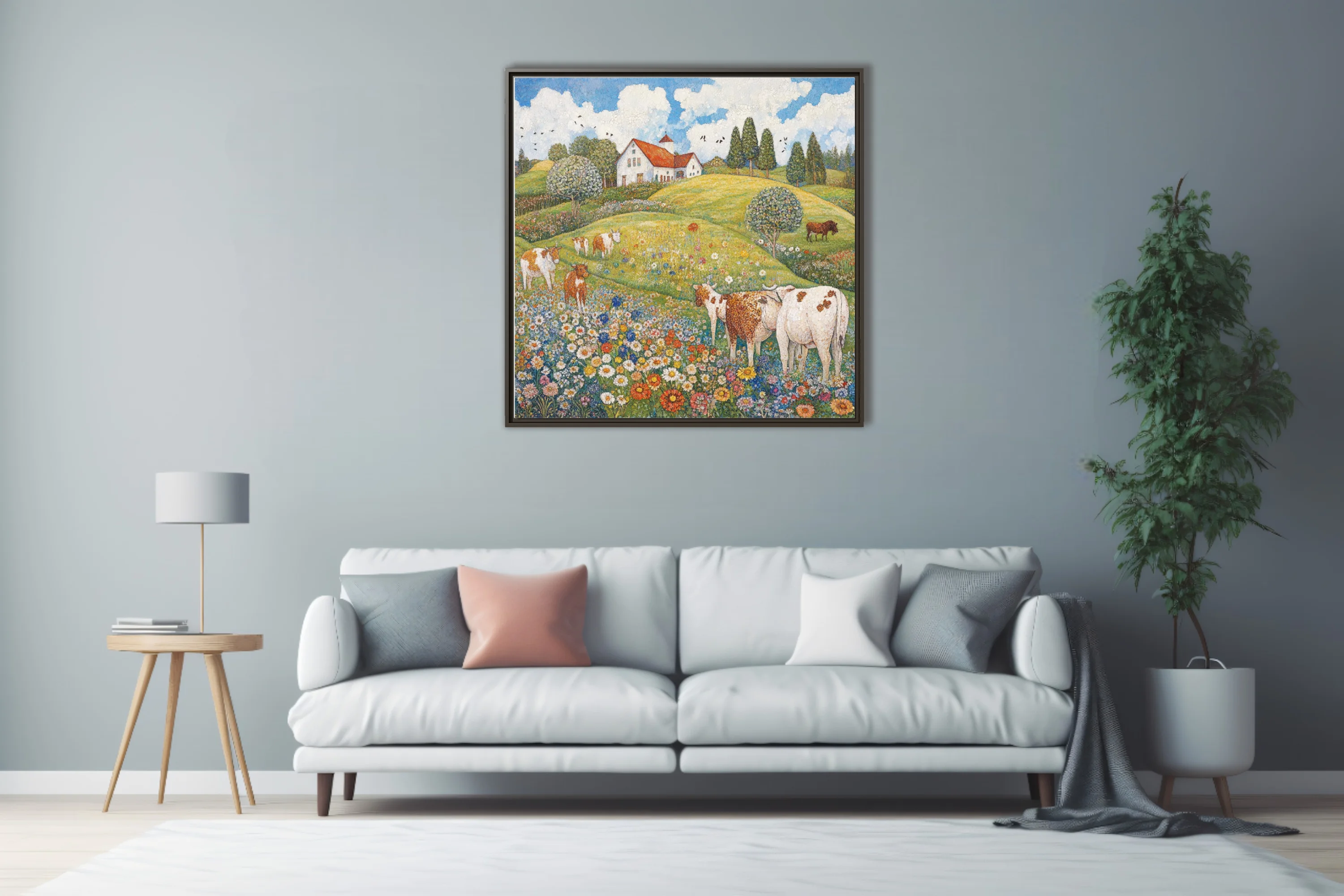 Stippled countryside landscape with cows, wildflower meadow, and red-roofed farmhouse under blue sky