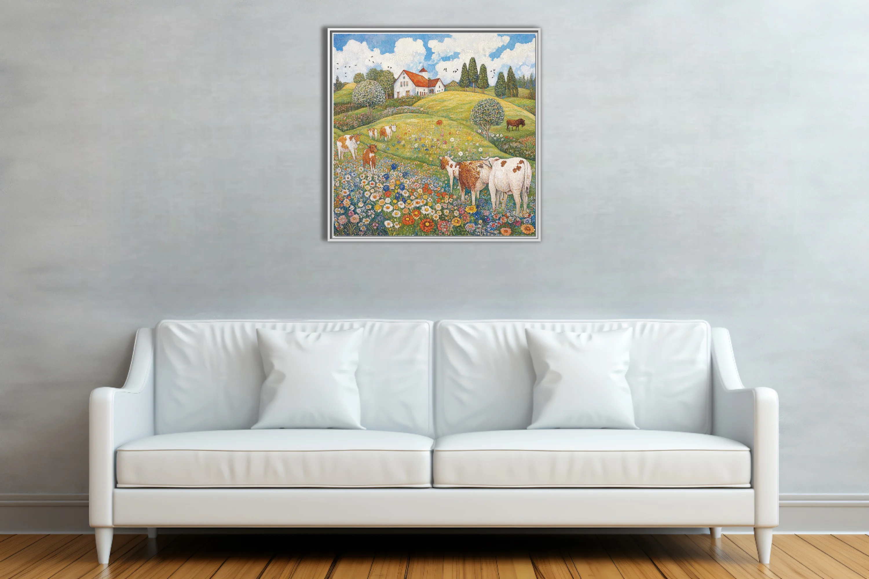 Stippled countryside landscape with cows, wildflower meadow, and red-roofed farmhouse under blue sky