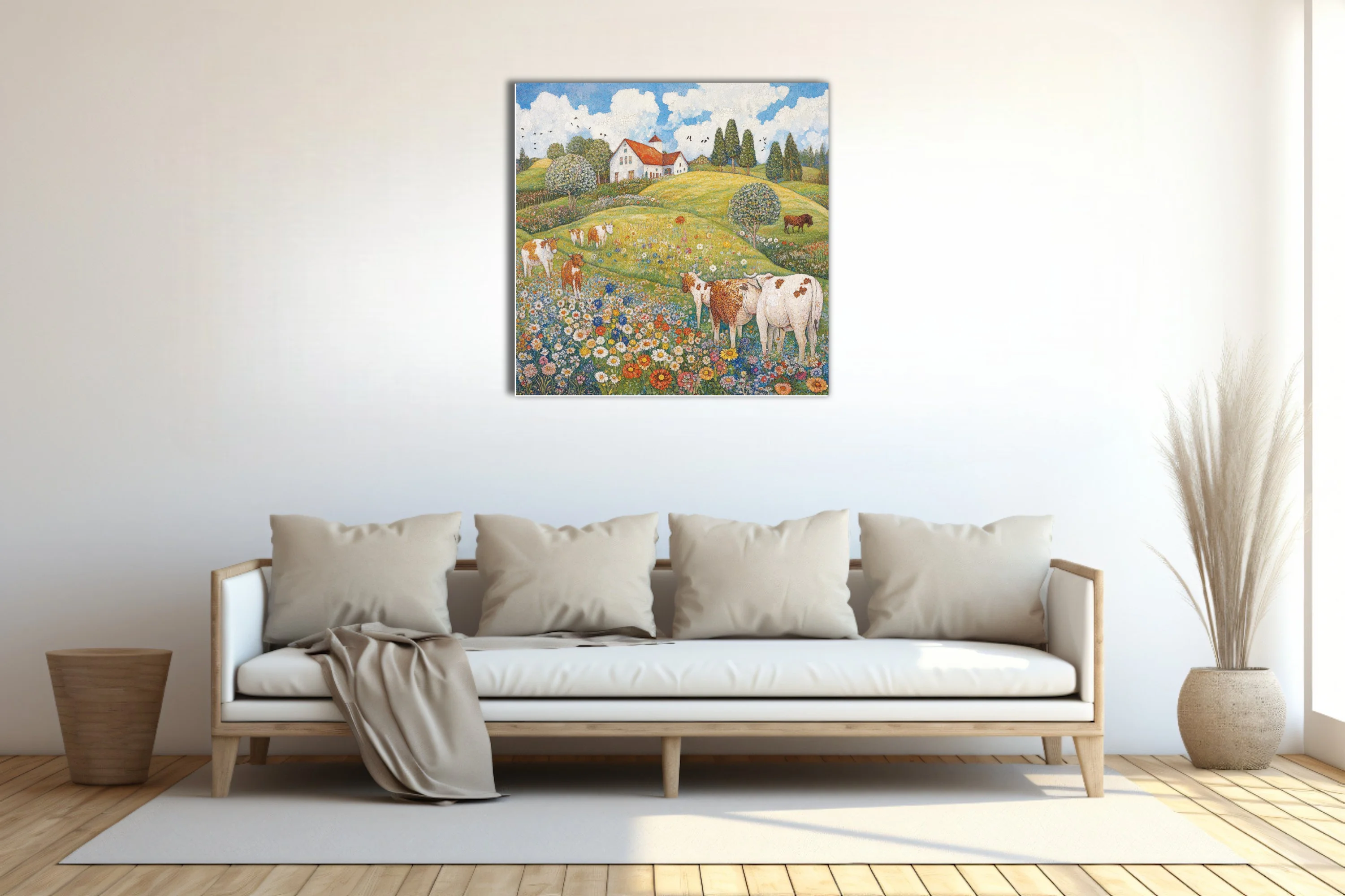 Stippled countryside landscape with cows, wildflower meadow, and red-roofed farmhouse under blue sky