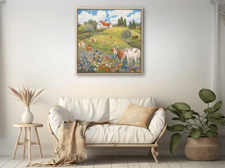 Stippled countryside landscape with cows, wildflower meadow, and red-roofed farmhouse under blue sky