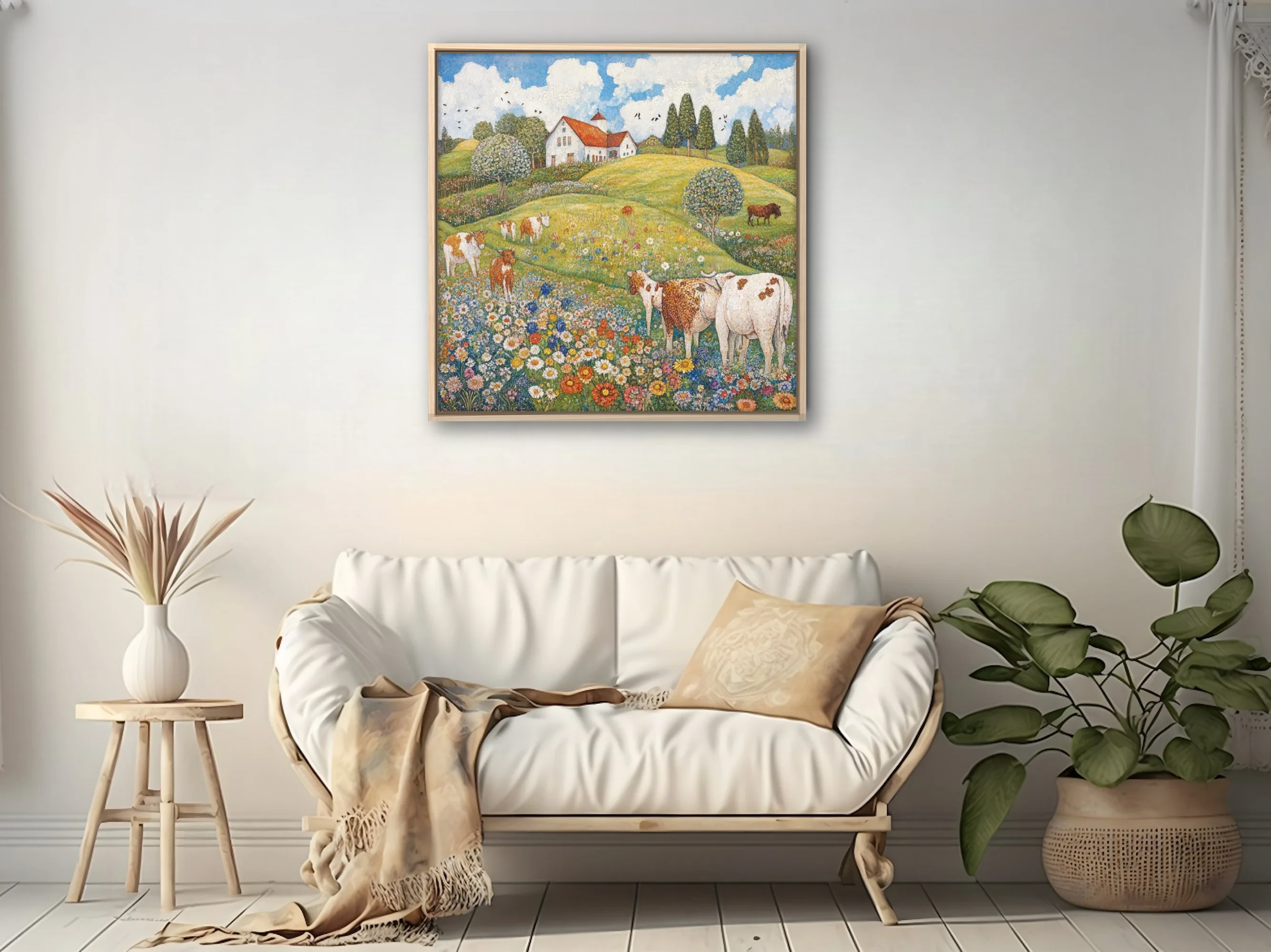 Stippled countryside landscape with cows, wildflower meadow, and red-roofed farmhouse under blue sky