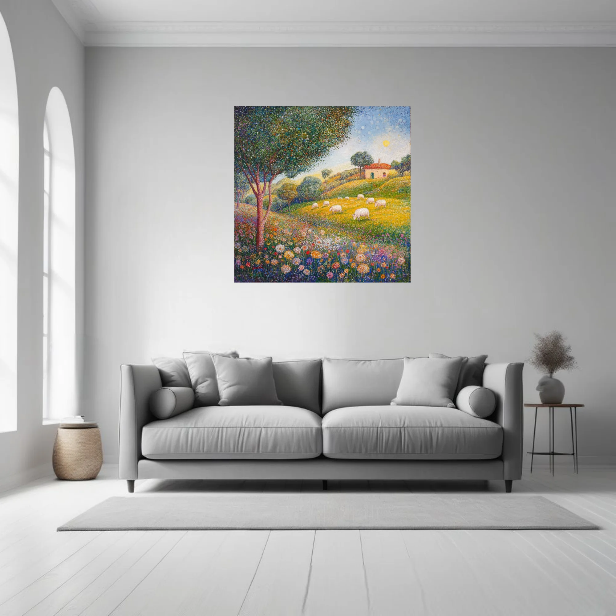 Stippled pastoral landscape with sheep, wildflowers, and farmhouse in vibrant colours
