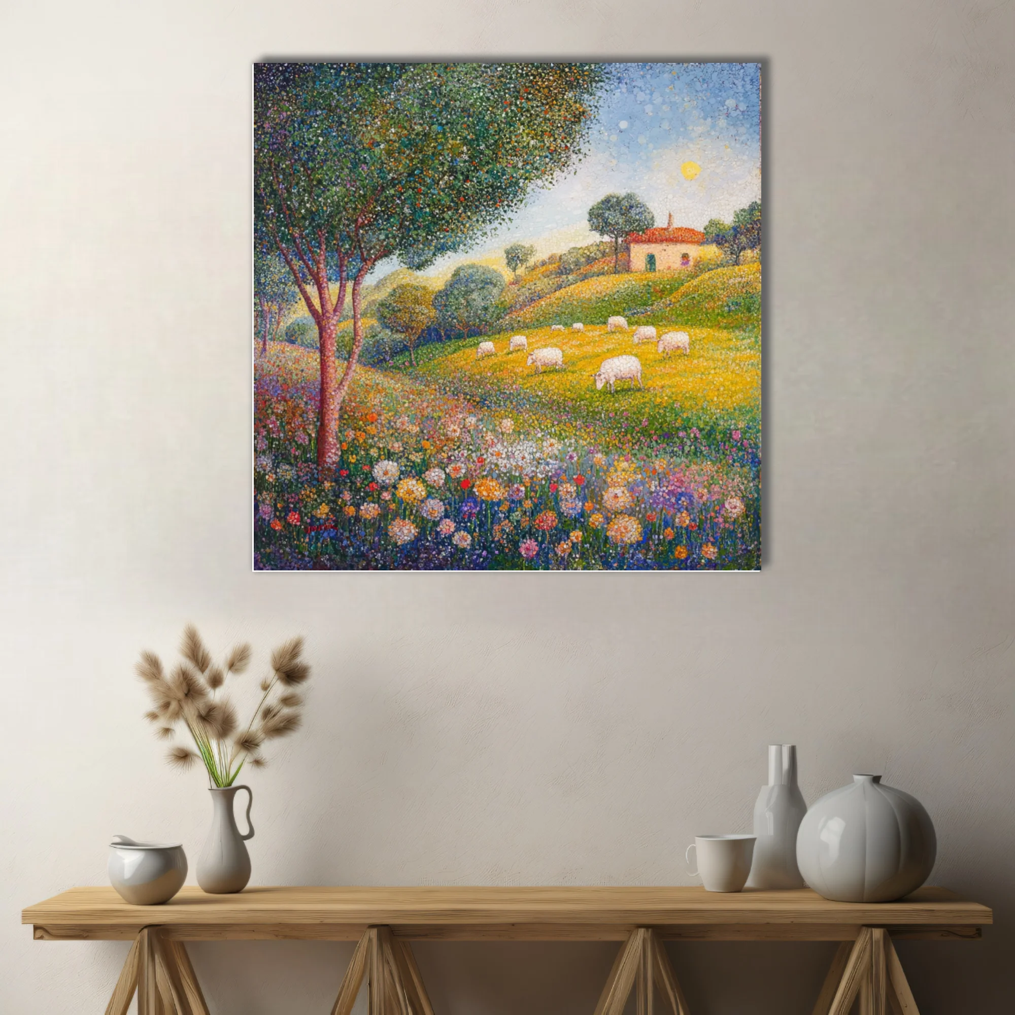 Stippled pastoral landscape with sheep, wildflowers, and farmhouse in vibrant colours