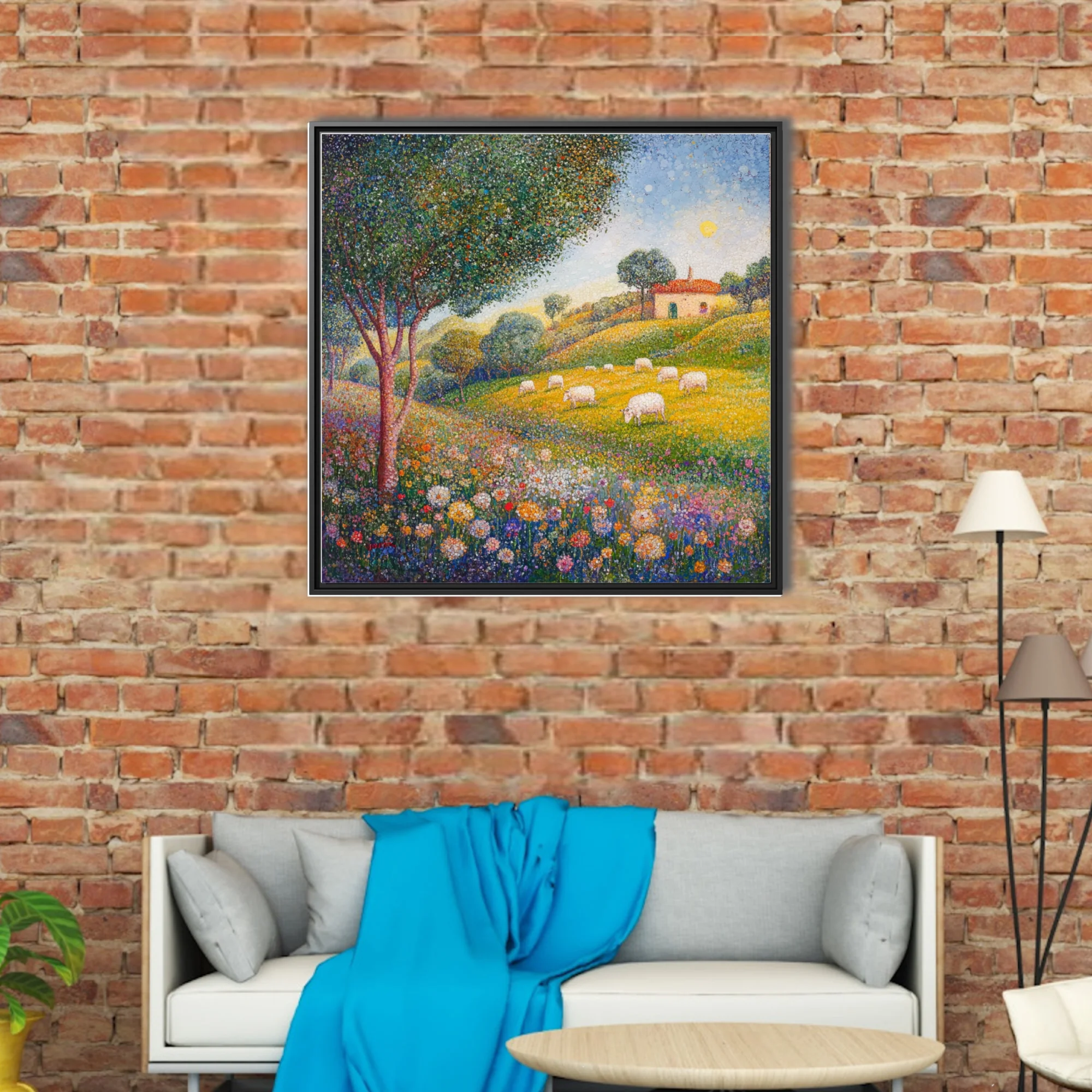 Stippled pastoral landscape with sheep, wildflowers, and farmhouse in vibrant colours