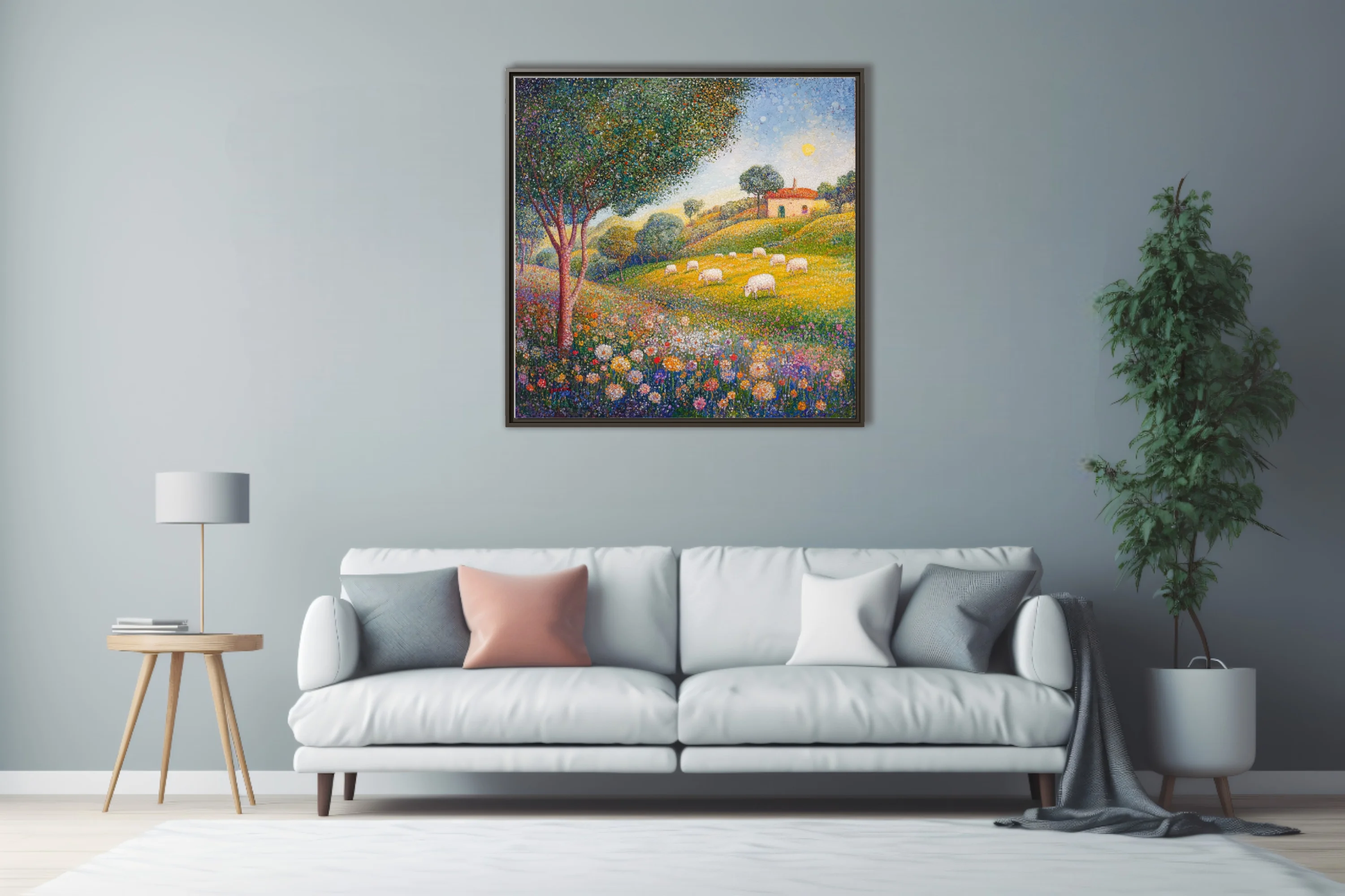 Stippled pastoral landscape with sheep, wildflowers, and farmhouse in vibrant colours