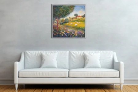 Stippled pastoral landscape with sheep, wildflowers, and farmhouse in vibrant colours