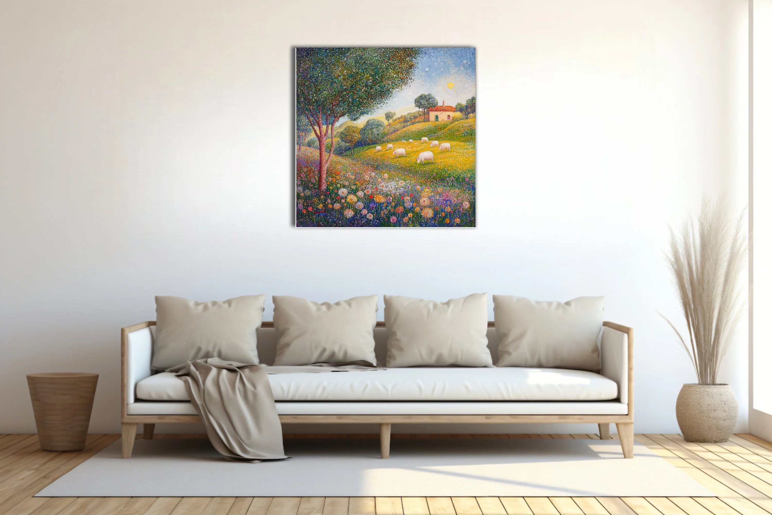 Stippled pastoral landscape with sheep, wildflowers, and farmhouse in vibrant colours