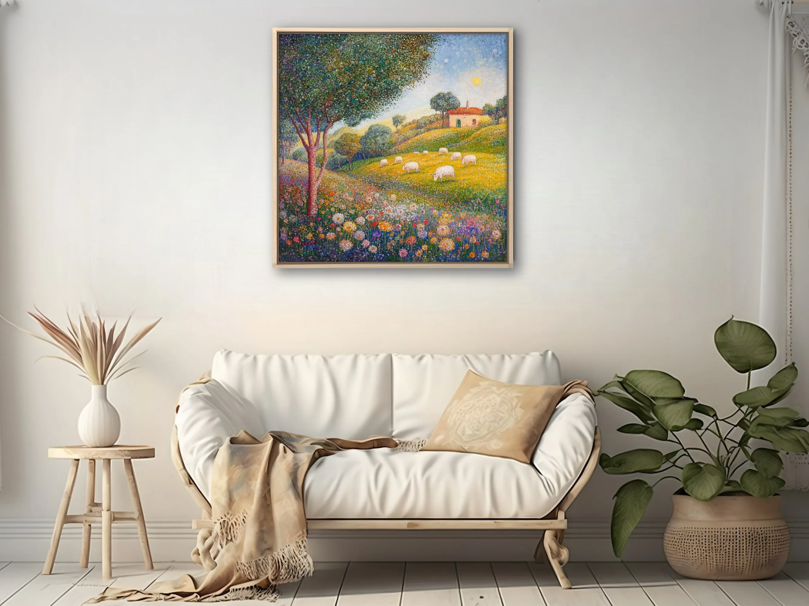Stippled pastoral landscape with sheep, wildflowers, and farmhouse in vibrant colours